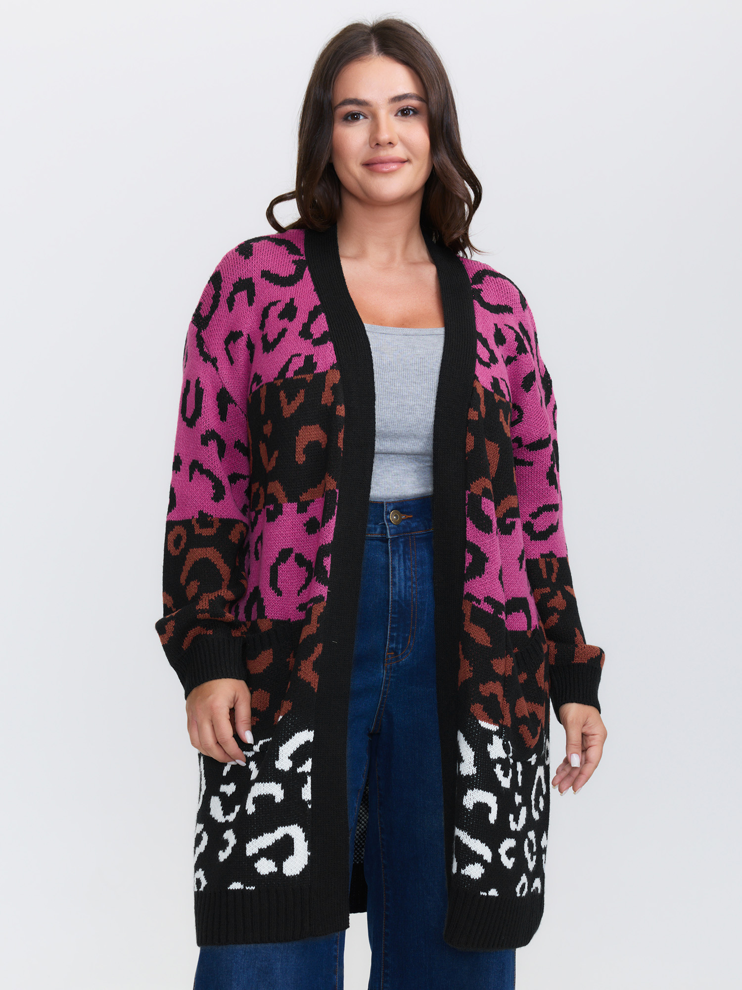 BloomChic Women's Plus Size Sweet Leopard Print Jacquard Knit Cardigan Black Long Sleeve 10/M