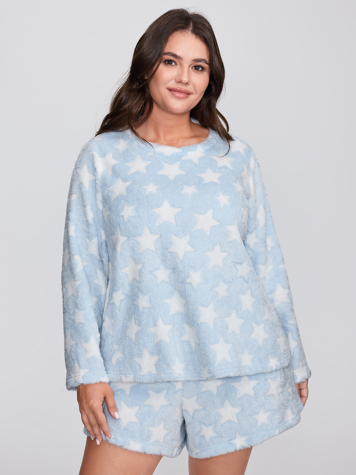 BloomChic Women's Plus Size Fluffy Star Print Pockets Loungewear Set LightBlue Non Long Sleeve Texture 28/5X-image-47605303967914