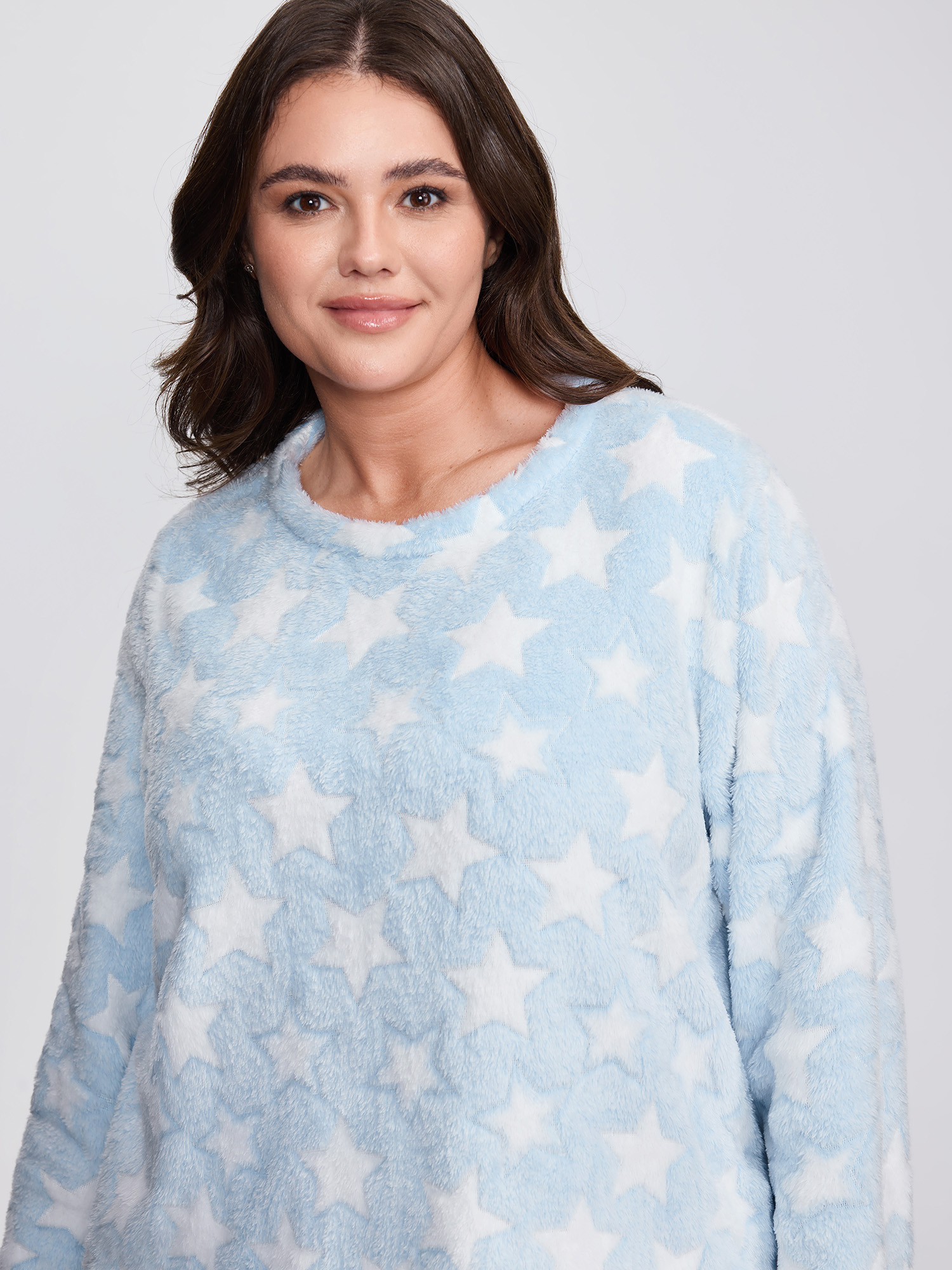 Side view of BloomChic Women's Plus Size Fluffy Star Print Pockets Loungewear Set LightBlue Non Long Sleeve Texture 26/4X