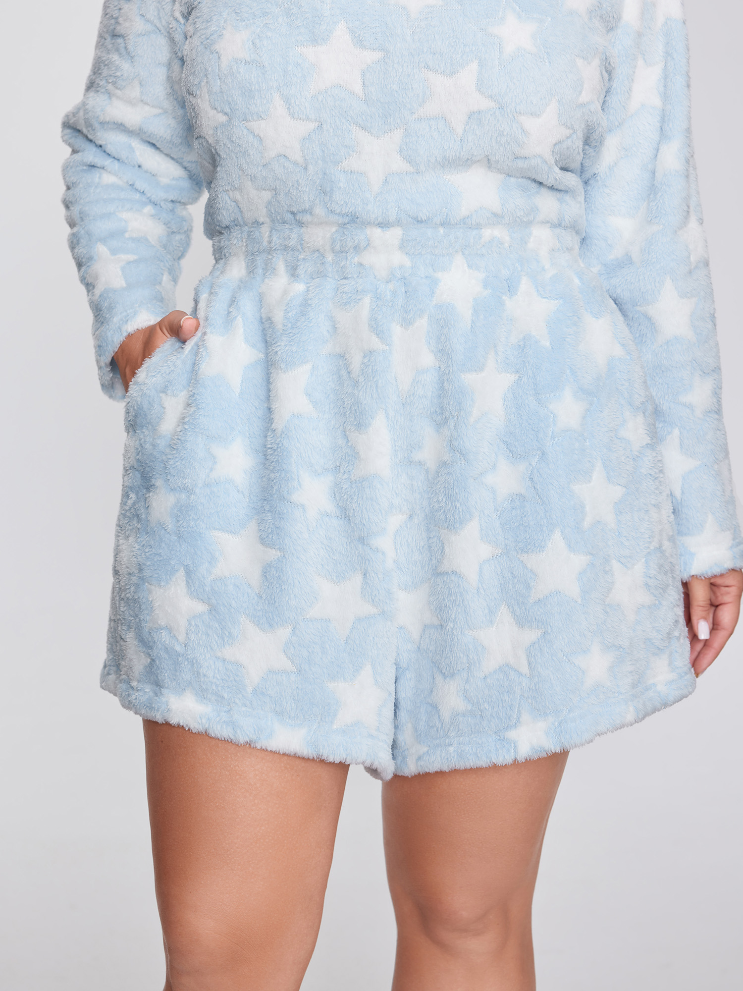 Side view of BloomChic Women's Plus Size Fluffy Star Print Pockets Loungewear Set LightBlue Non Long Sleeve Texture 26/4X