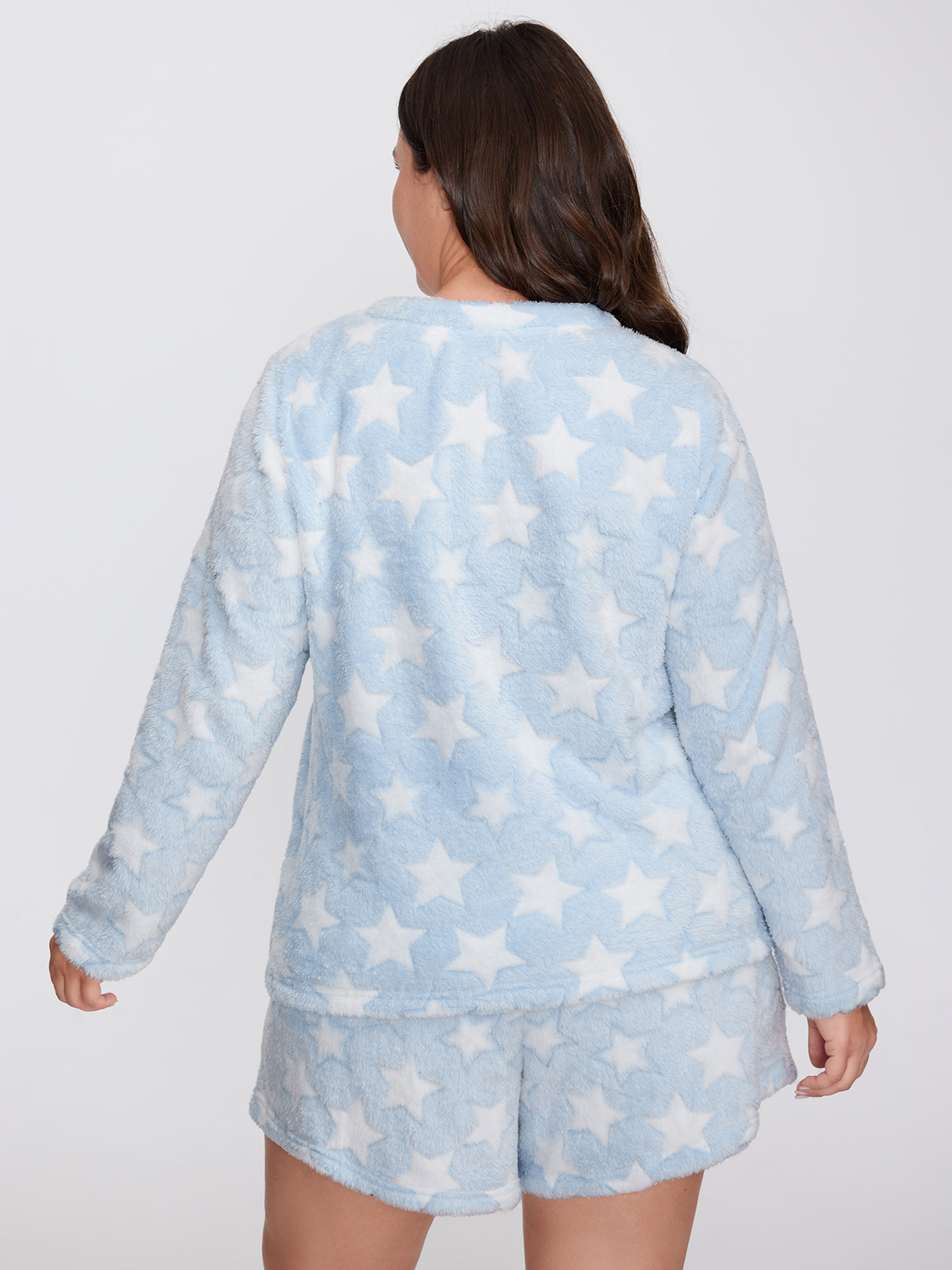 Side view of BloomChic Women's Plus Size Fluffy Star Print Pockets Loungewear Set LightBlue Non Long Sleeve Texture 26/4X