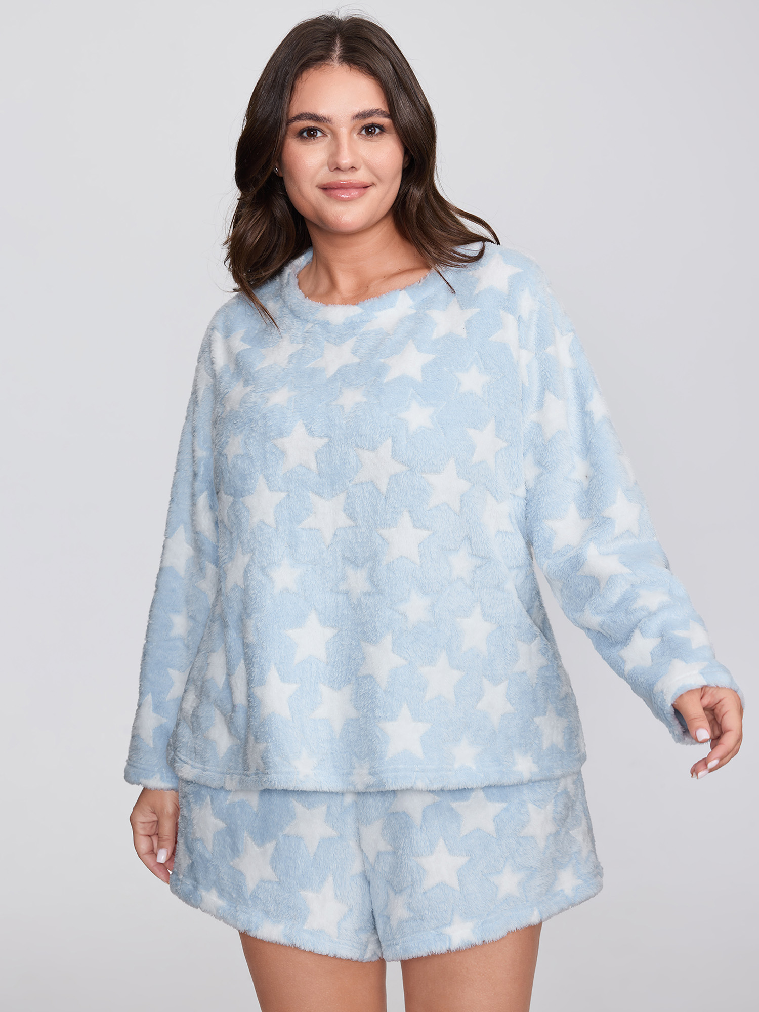 Side view of BloomChic Women's Plus Size Fluffy Star Print Pockets Loungewear Set LightBlue Non Long Sleeve Texture 26/4X