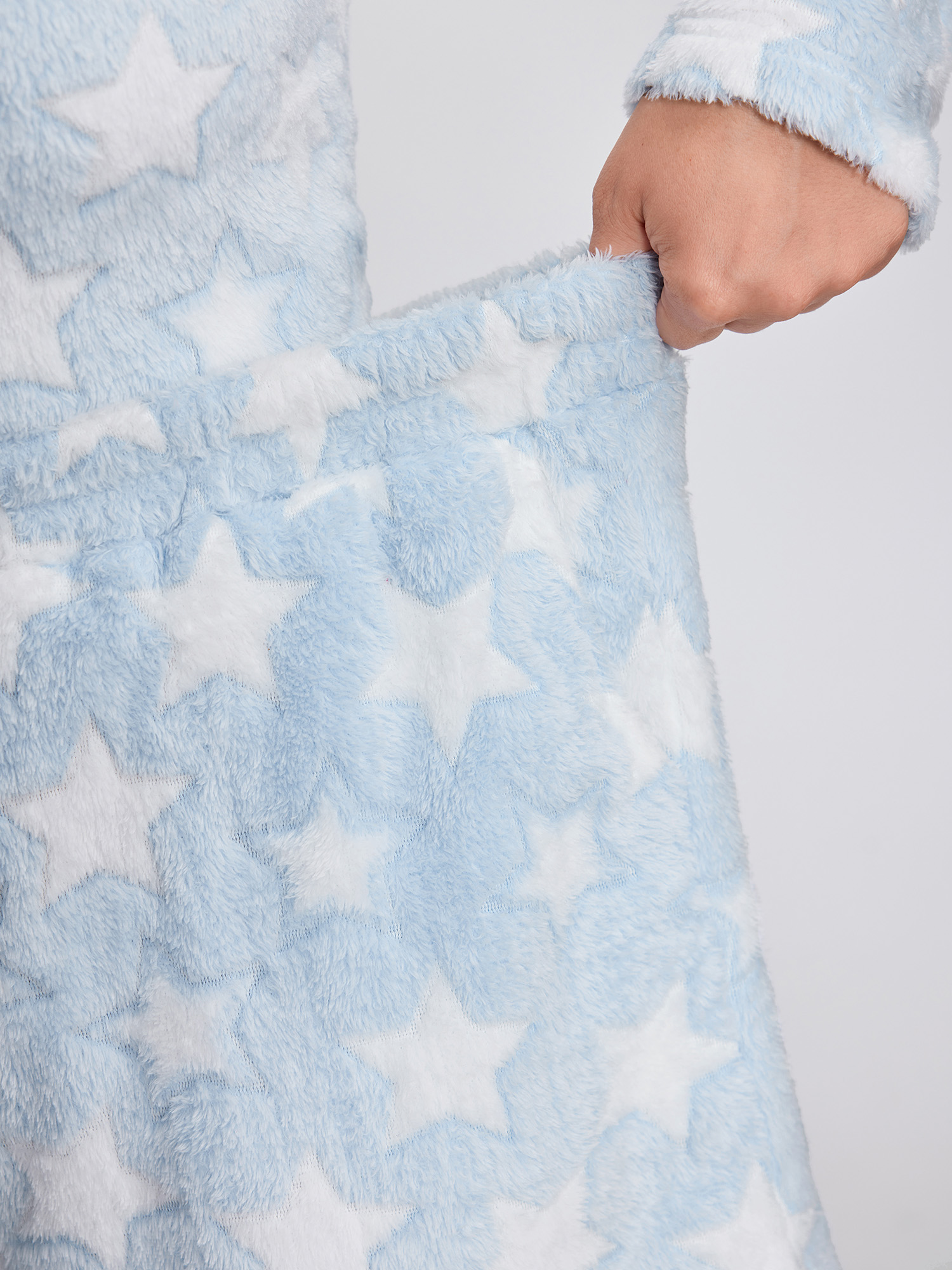 Side view of BloomChic Women's Plus Size Fluffy Star Print Pockets Loungewear Set LightBlue Non Long Sleeve Texture 26/4X