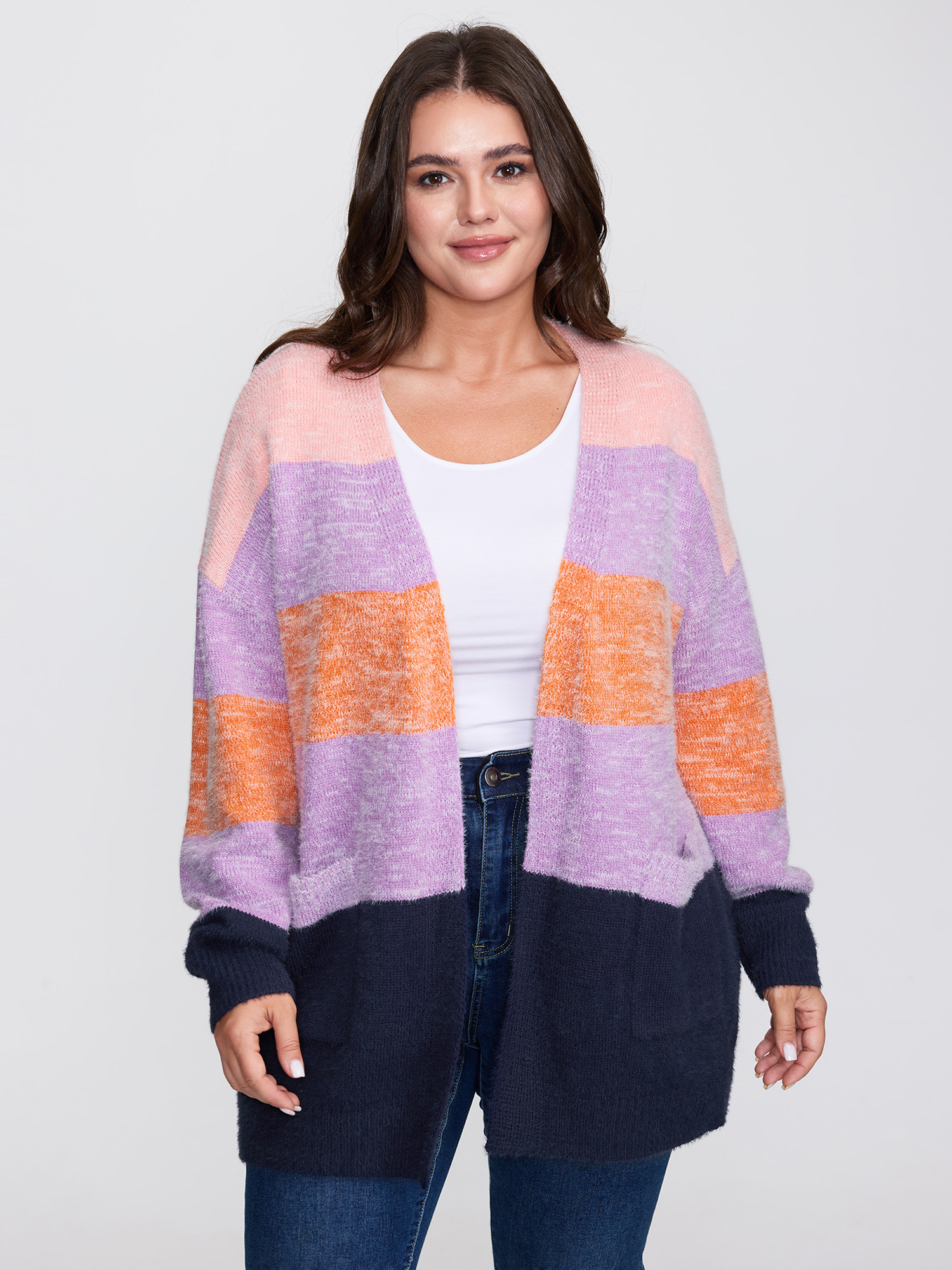 BloomChic Women's Plus Size Furry Textured Colorblock Knit Cardigan Lilac Long Sleeve 26/4X