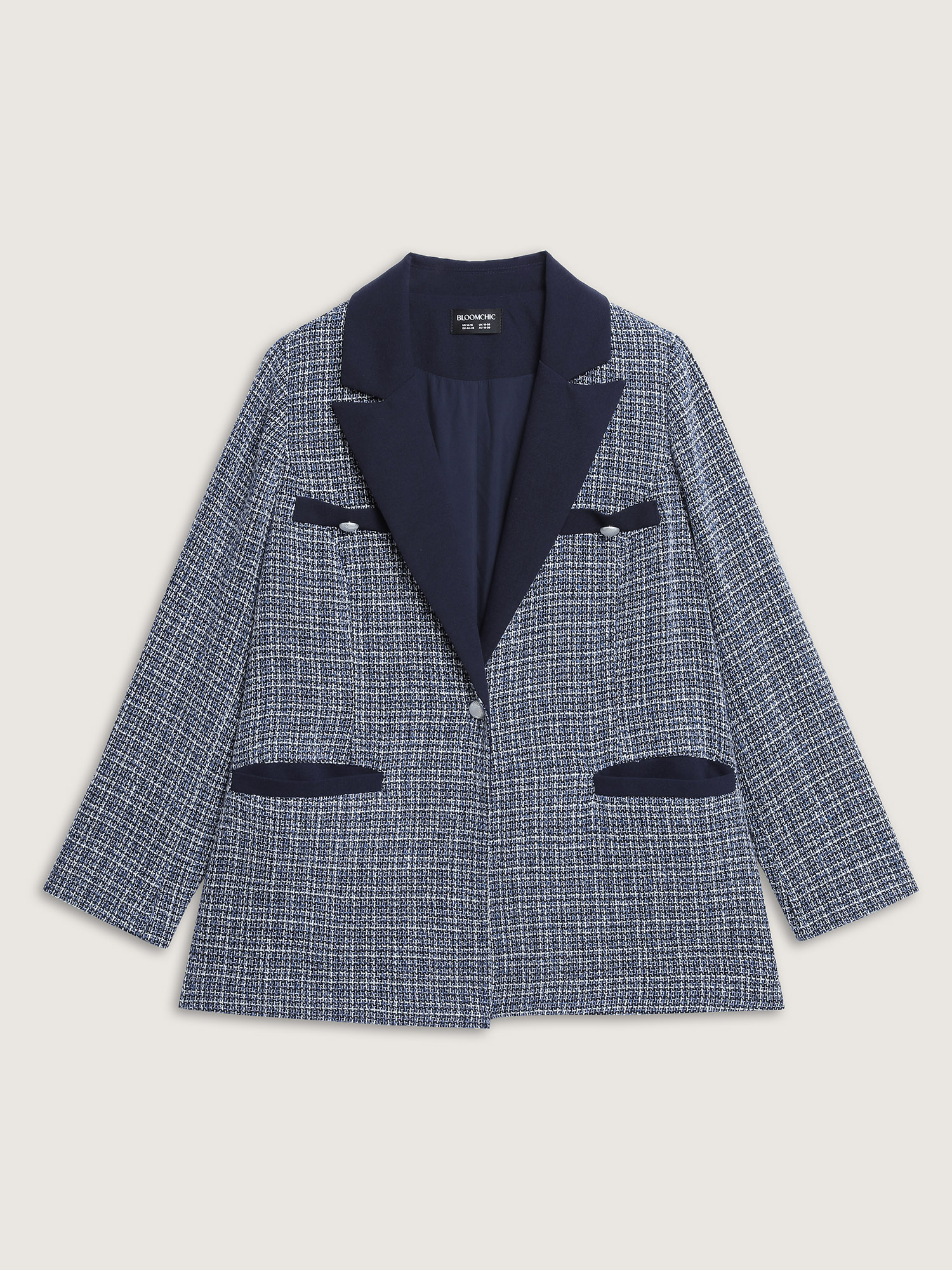 Side view of BloomChic Women's Plus Size Tweed Color Contrast Blazer DarkBlue Patchwork Sleeve Long Sleeve 26/4X