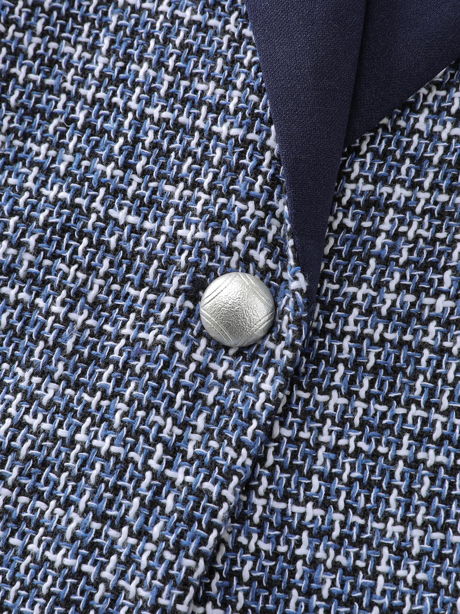 Side view of BloomChic Women's Plus Size Tweed Color Contrast Blazer DarkBlue Patchwork Sleeve Long Sleeve 26/4X