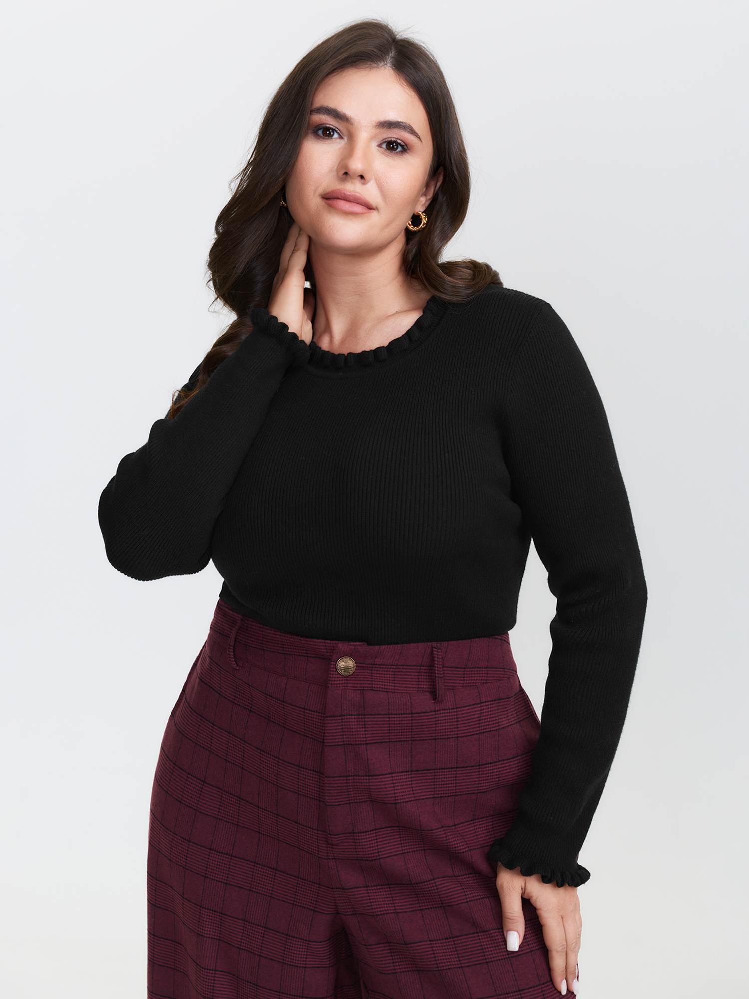 BloomChic Women's Plus Size Supersoft Ruffled Neck Fitted Solid Pullover Black not graphics Long Sleeve Round Neck 10/M