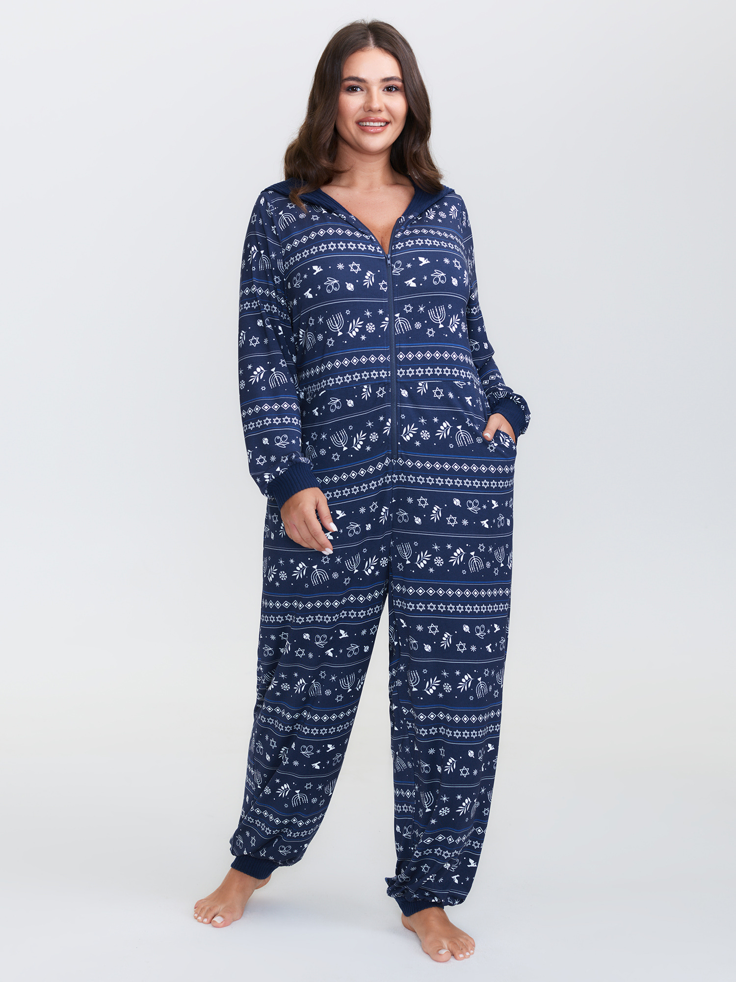 BloomChic Women's Plus Size Holiday Print Hooded Pockets Lounge Jumpsuit DarkBlue Fruit Maxi 26/4X