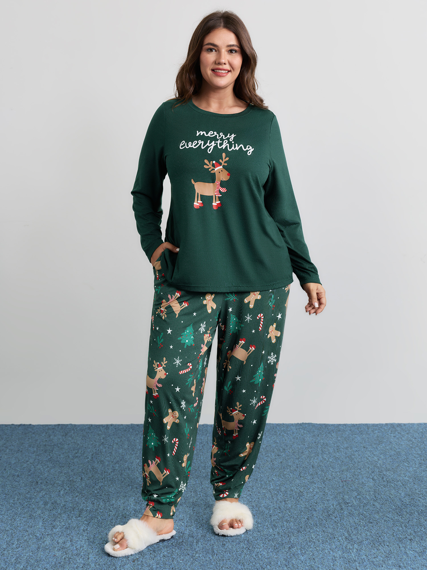 BloomChic Women's Plus Size Holiday Cozy Print Pockets Loungewear Set DarkGreen Christmas Long Sleeve Smocked 14-16/1X-image-47591094354090