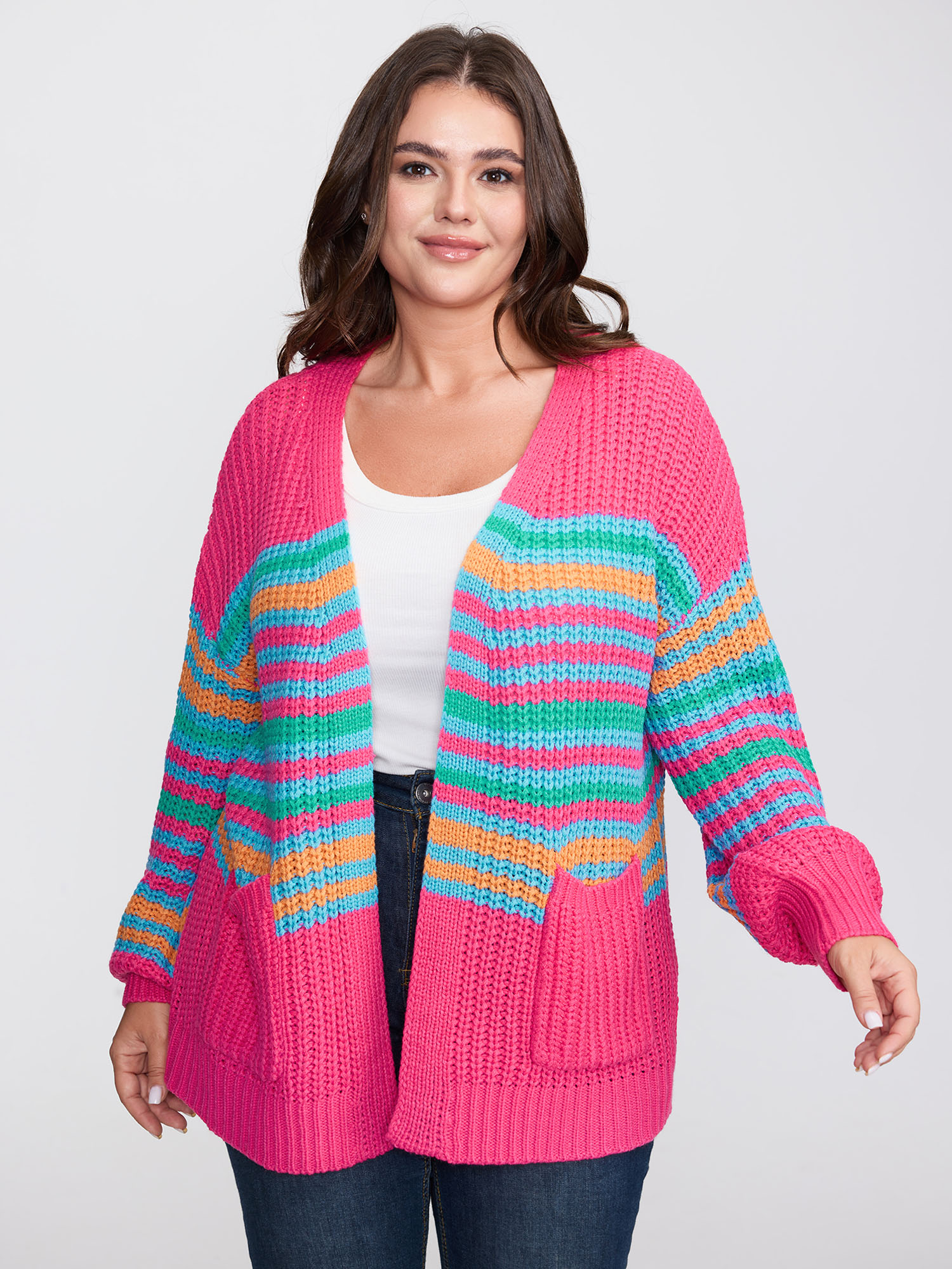 BloomChic Women's Plus Size Colorful Stripe Pockets Knit Cardigan Peach Long Sleeve V-Neck 10/M