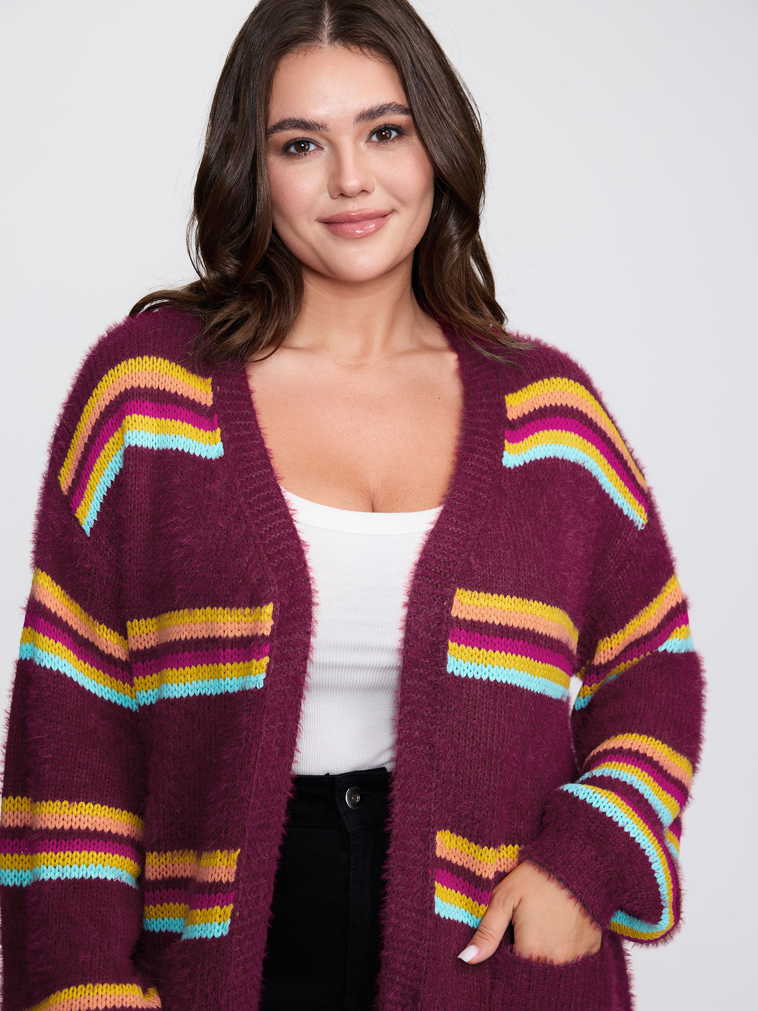 BloomChic Women's Plus Size Colorful Stripe Furry Textured Knit Cardigan Scarlet Long Sleeve 10/M