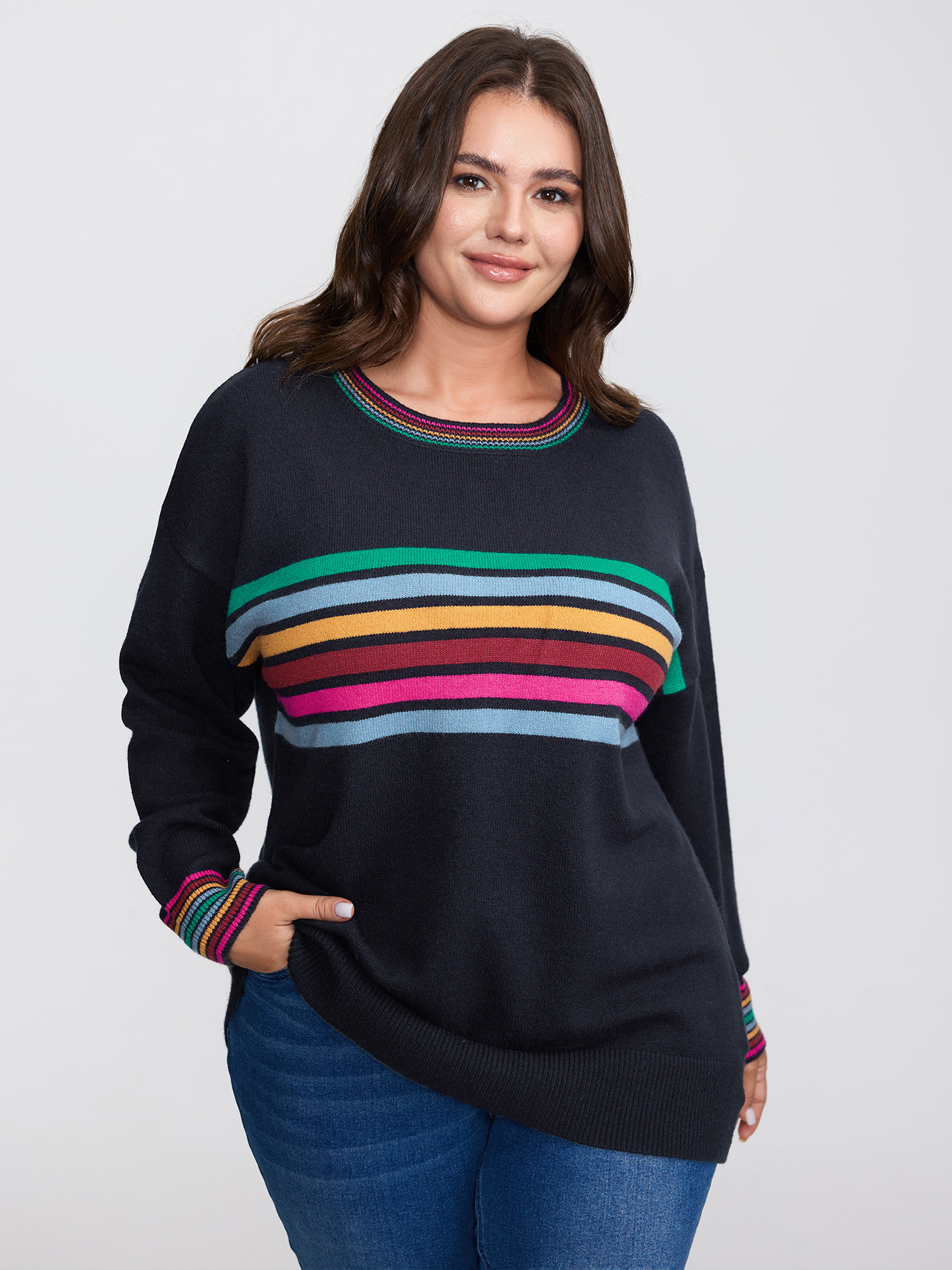 BloomChic Women's Plus Size Supersoft Colorful Stripe Pullover Indigo not graphics Long Sleeve Round Neck 10/M
