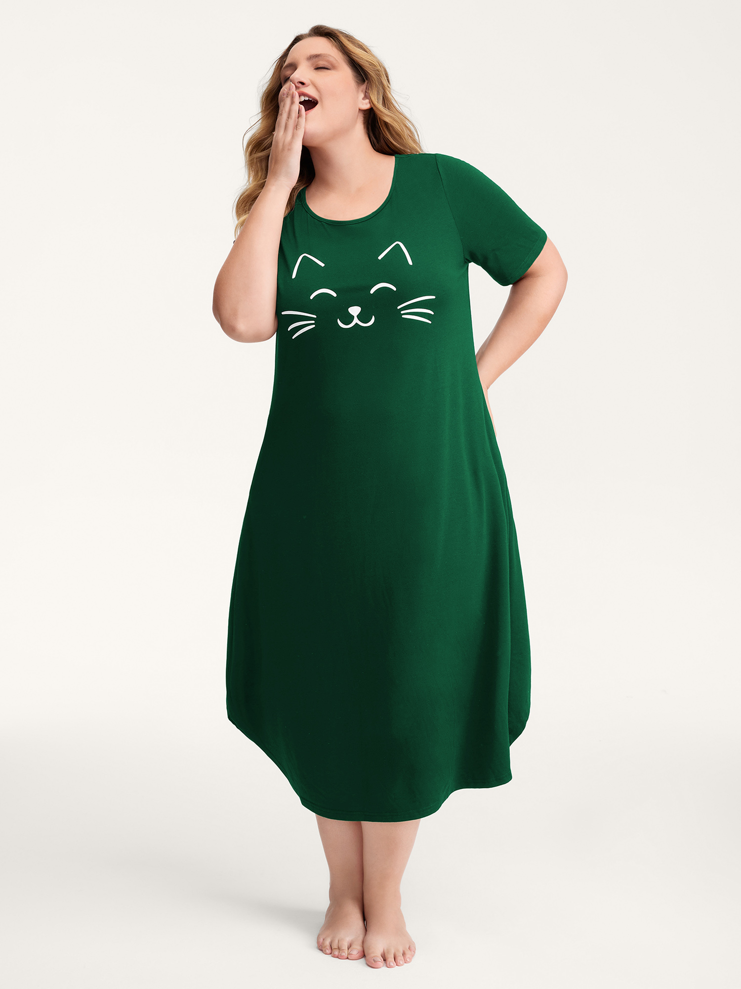 BloomChic Women's Plus Size Happy Cat Print Stretchy Contrast Nightgown DarkGreen Short sleeve Round Neck 12/L-image-47615838519466