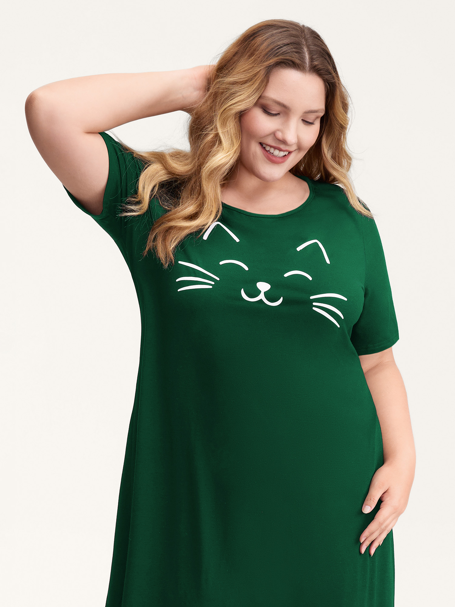 Side view of BloomChic Women's Plus Size Happy Cat Print Stretchy Contrast Nightgown DarkGreen Short sleeve Round Neck 14-16/1X