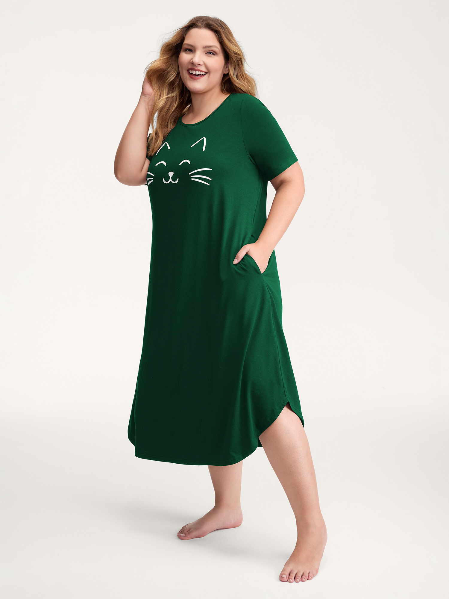 Side view of BloomChic Women's Plus Size Happy Cat Print Stretchy Contrast Nightgown DarkGreen Short sleeve Round Neck 14-16/1X