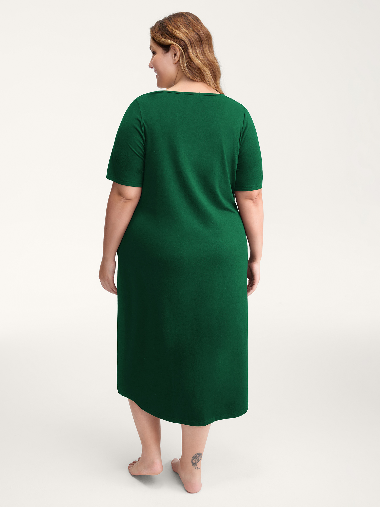 Side view of BloomChic Women's Plus Size Happy Cat Print Stretchy Contrast Nightgown DarkGreen Short sleeve Round Neck 14-16/1X
