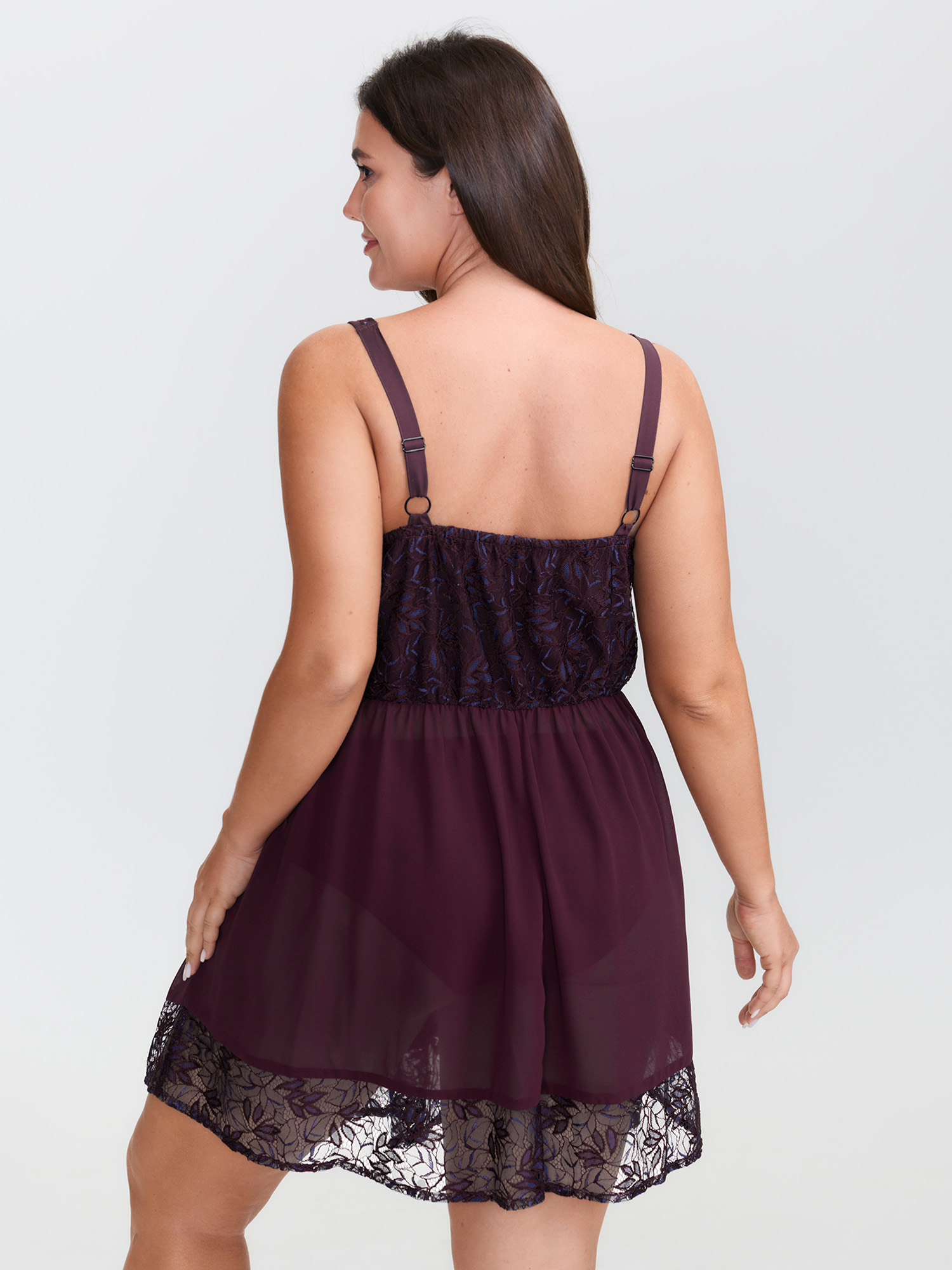 Side view of BloomChic Women's Plus Size Textured Lace Cross-Tie Neckline Nightgown Eggplant Sleeveless Tunic 28/5X