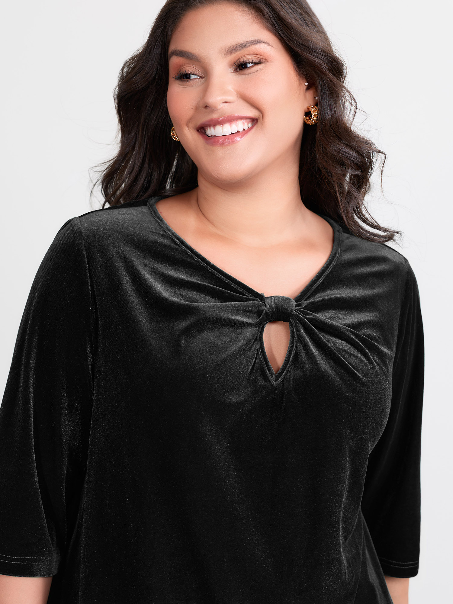 BloomChic Women's Plus Size Velvet Twist Neckline Cut-Out Blouse Black Solid Occasion 3/4 Sleeve Keyhole Neck 12/L