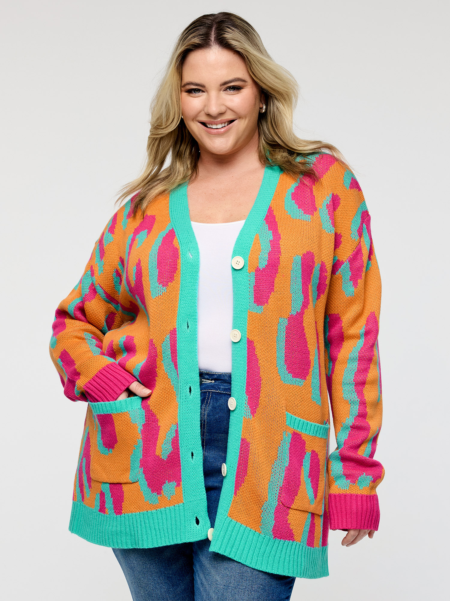 BloomChic Women's Plus Size Colorful Leopard Button Pockets Knit Cardigan Amber Long Sleeve 12/L