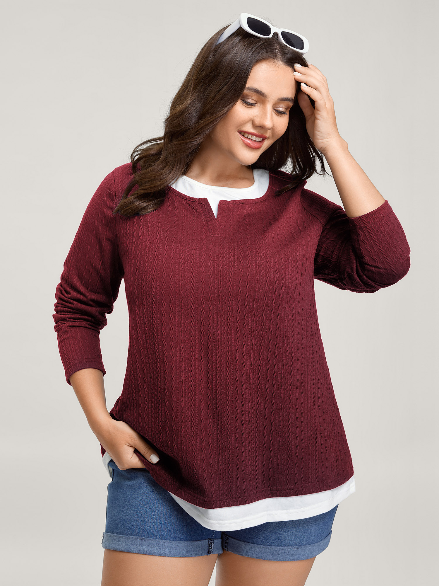 BloomChic Plus Size Textured Spliced Round Neck Solid T-Shirt - Women's Burgundy Solid Round Neck Comfort Midsection Fit Long Sleeve Leisure T-shirts 32/5X
