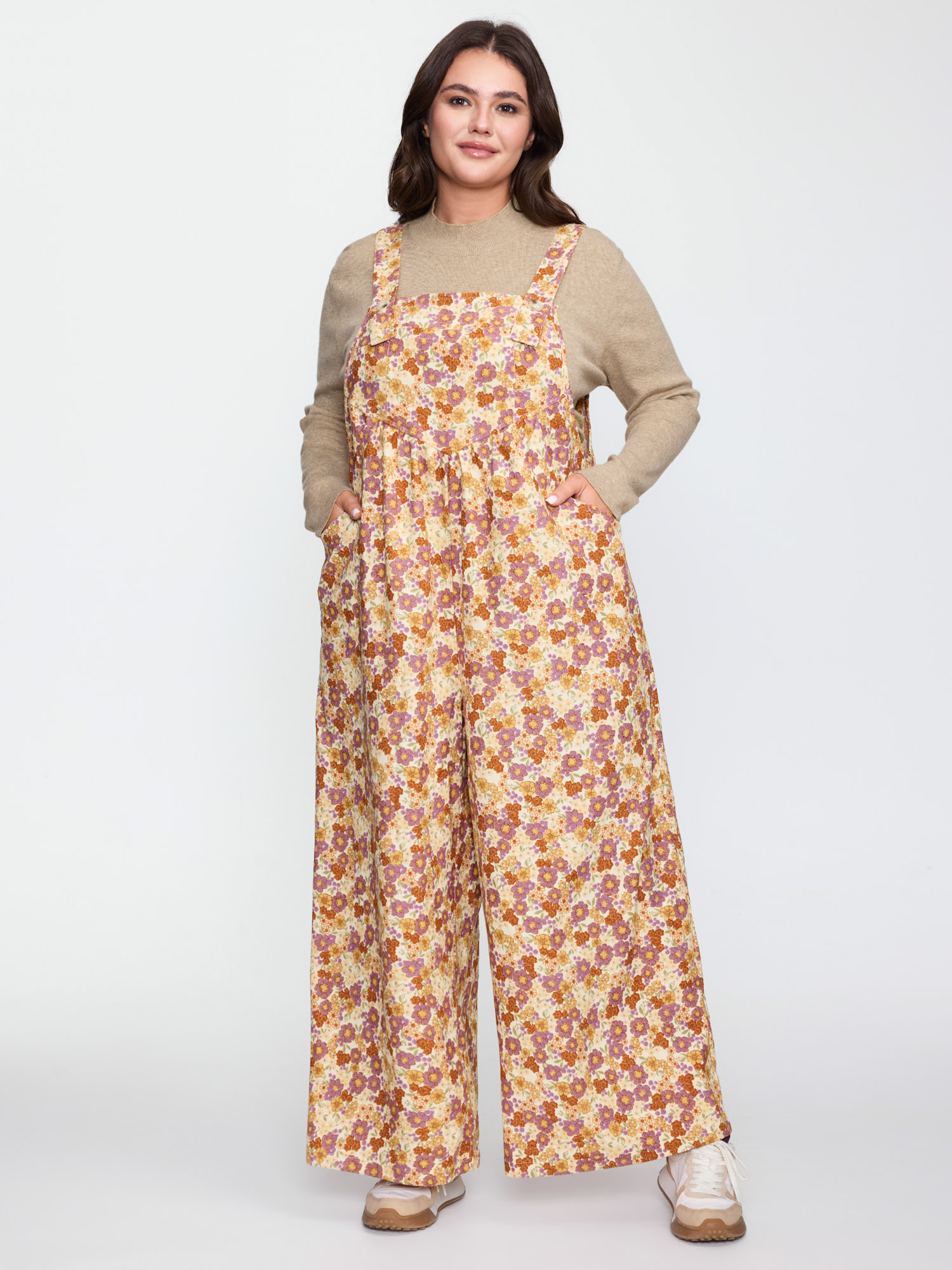BloomChic Women's Plus Size Floral Corduroy Adjustable Pockets Overall Jumpsuit Multicolor Everyday-Casual 10/M