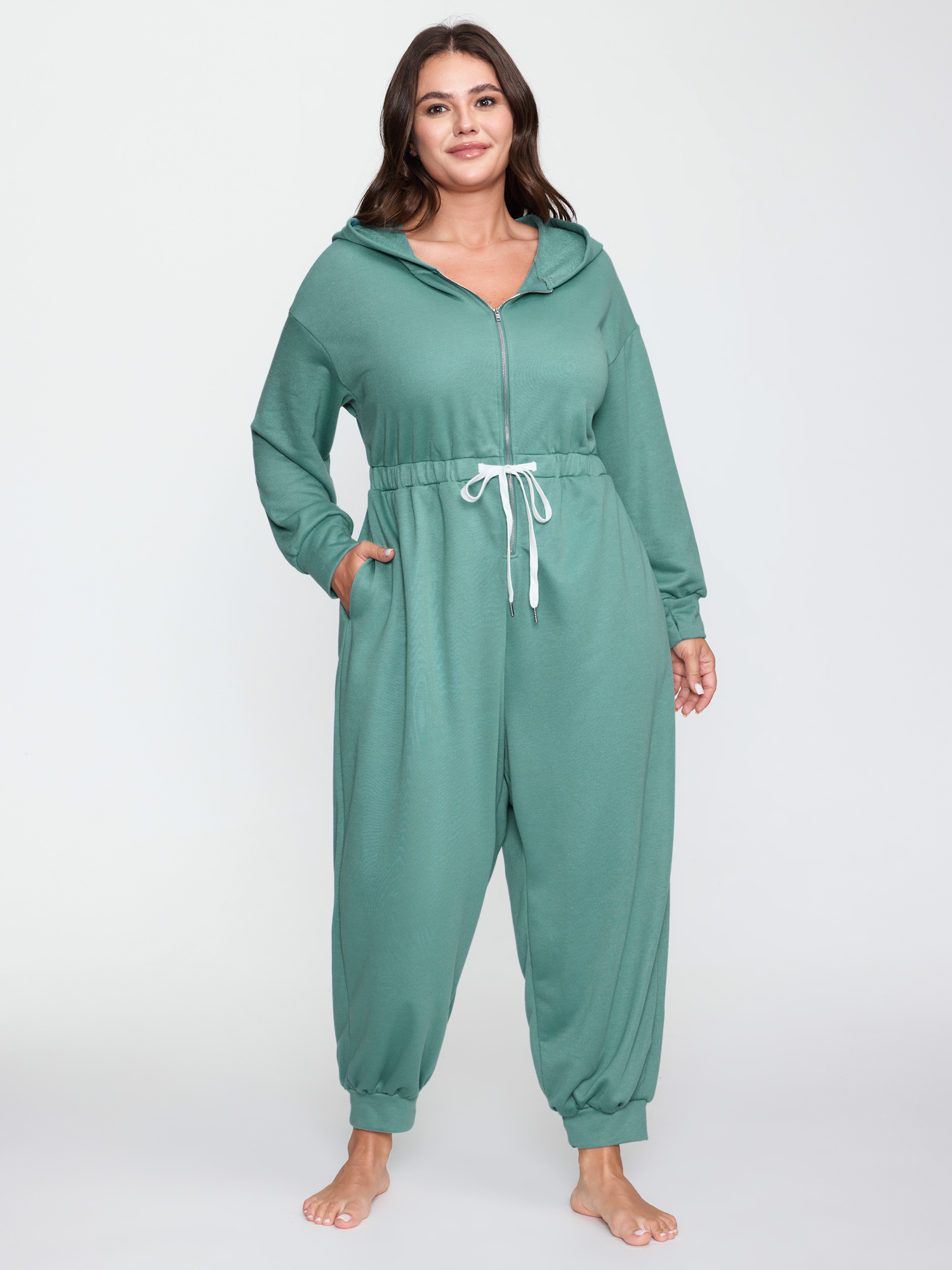 BloomChic Women's Plus Size Solid Color Drawstring Waist Lounge Jumpsuit Greenbean Maxi 10/M