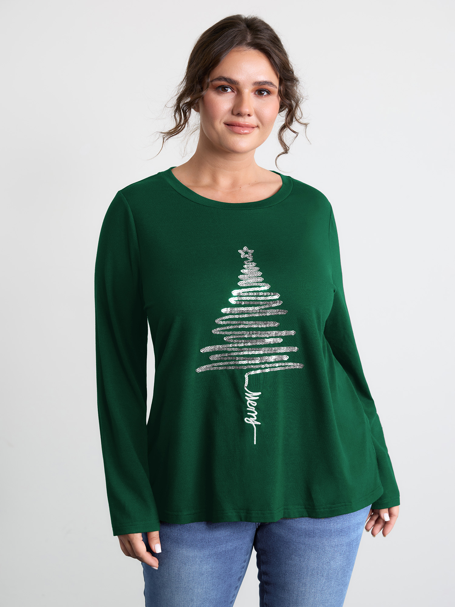 BloomChic Women's Plus Size Sequin Cord Embroidered Tree Round Neck T-Shirt DarkGreen Solid Everyday-Casual Long Sleeve Round Neck 10/M