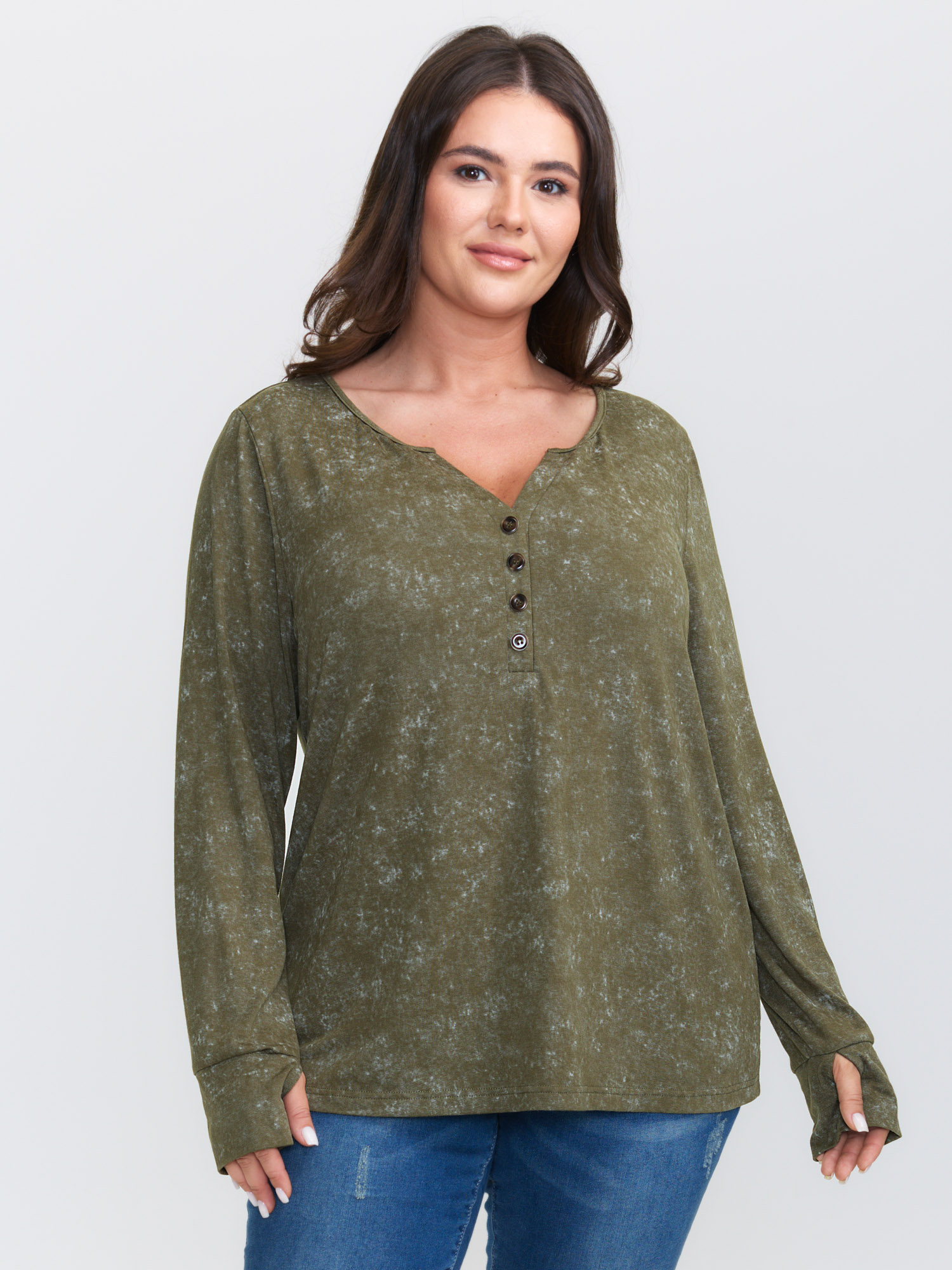 BloomChic Women's Plus Size Snowflake Effect Button Detail T-Shirt ArmyGreen Everyday-Casual Extra Long Sleeve 10/M