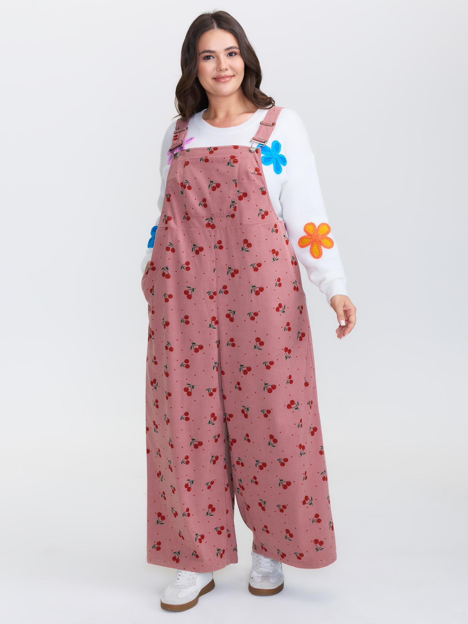 Bloomchic Cherry Print Adjustable Overall Straps Jumpsuit In Pink