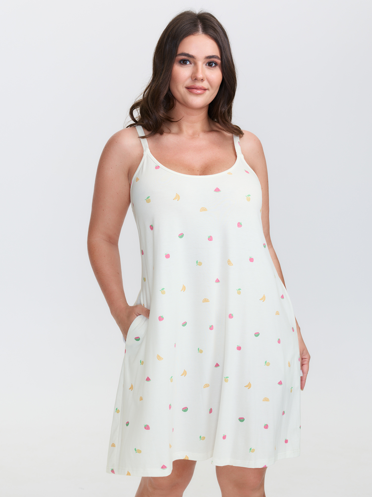 BloomChic Women's Plus Size Fruity Print Stretchy Cami Nightgown WhiteSmoke Sleeveless Short 12/L-image-47600145531050