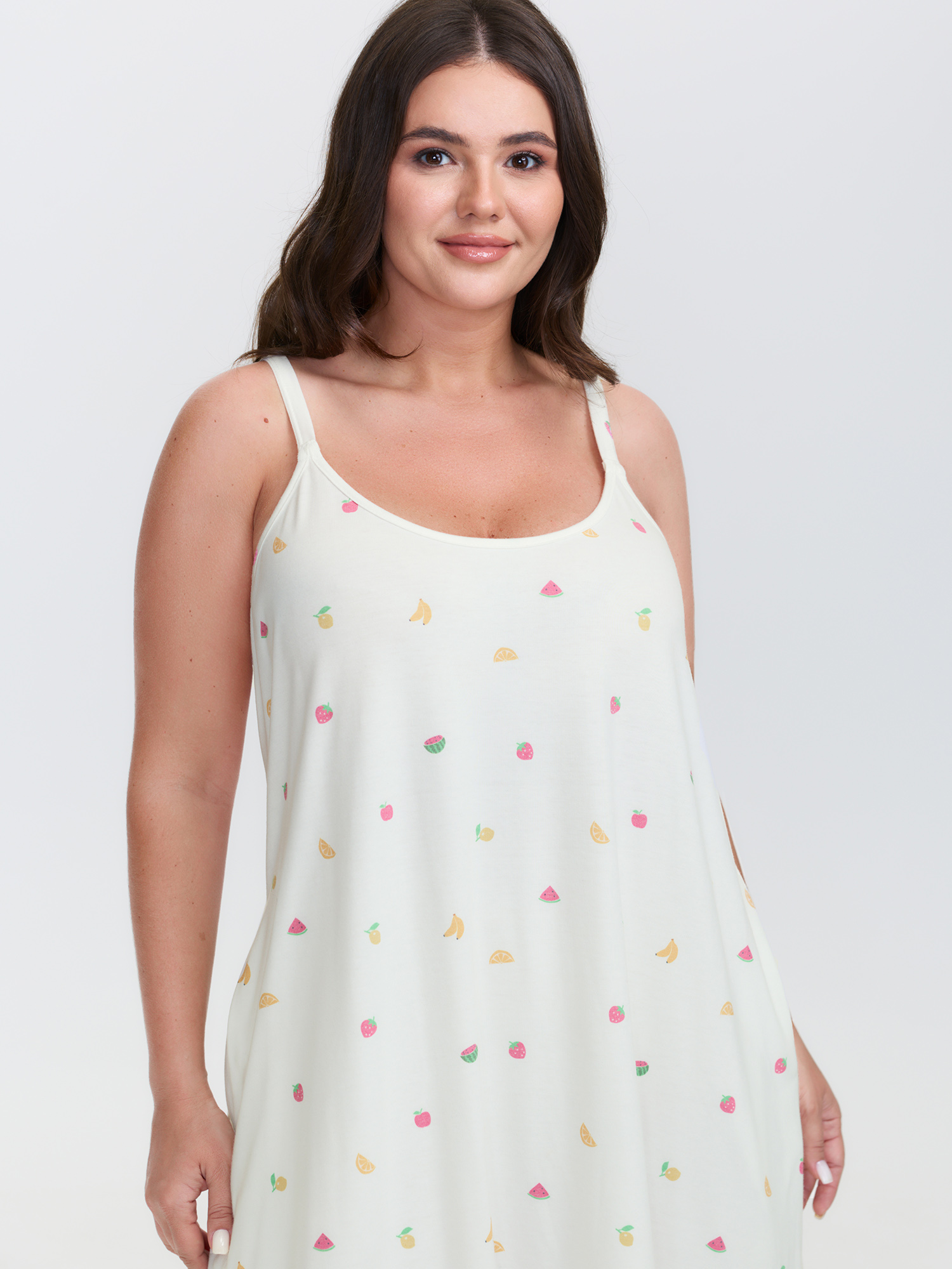 Side view of BloomChic Women's Plus Size Fruity Print Stretchy Cami Nightgown WhiteSmoke Sleeveless Short 14-16/1X