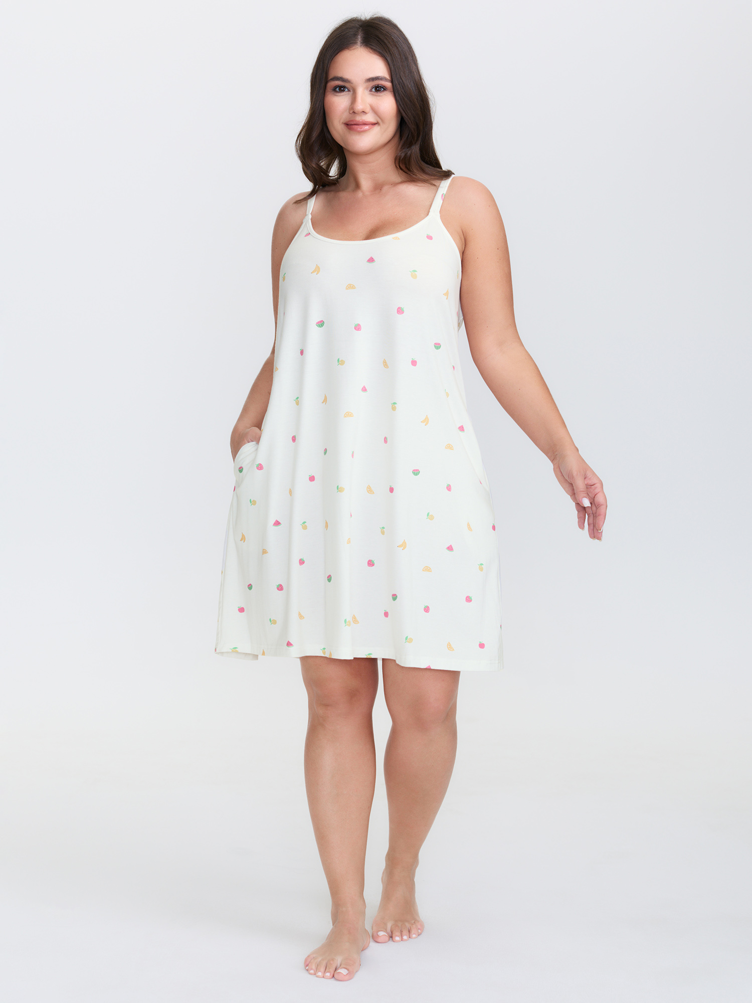 Side view of BloomChic Women's Plus Size Fruity Print Stretchy Cami Nightgown WhiteSmoke Sleeveless Short 14-16/1X