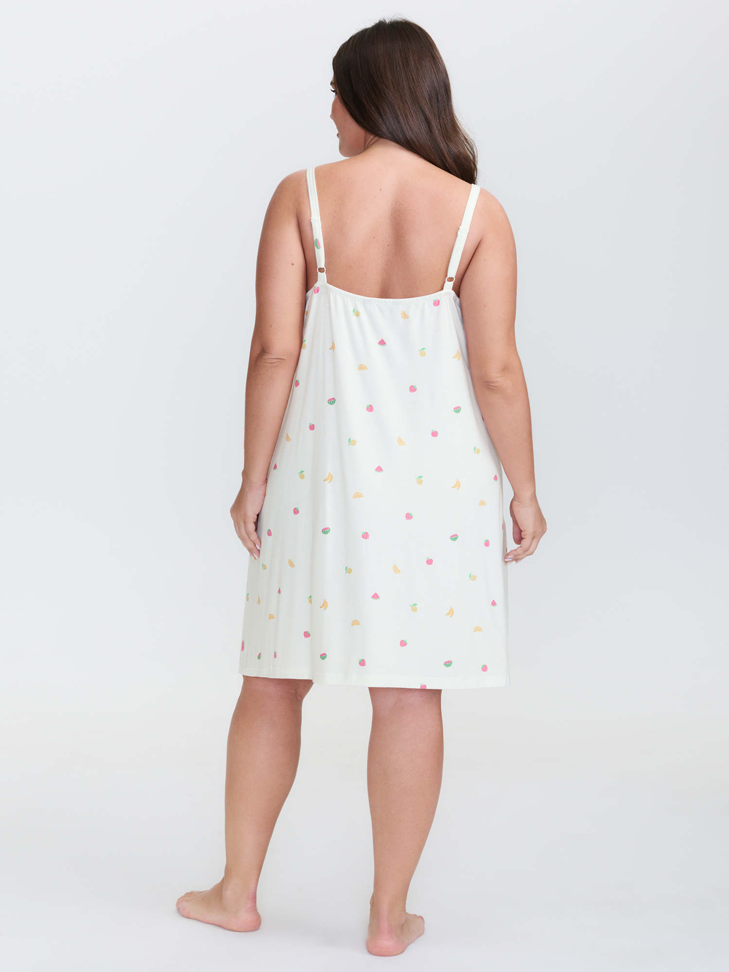 Side view of BloomChic Women's Plus Size Fruity Print Stretchy Cami Nightgown WhiteSmoke Sleeveless Short 14-16/1X