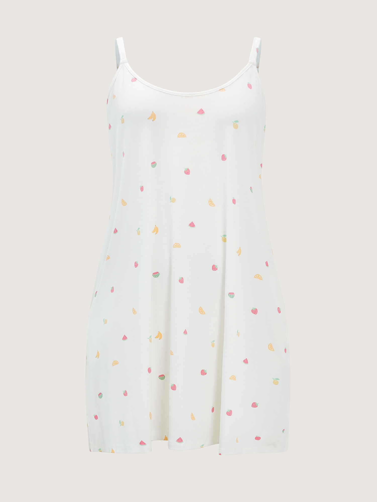 Side view of BloomChic Women's Plus Size Fruity Print Stretchy Cami Nightgown WhiteSmoke Sleeveless Short 14-16/1X