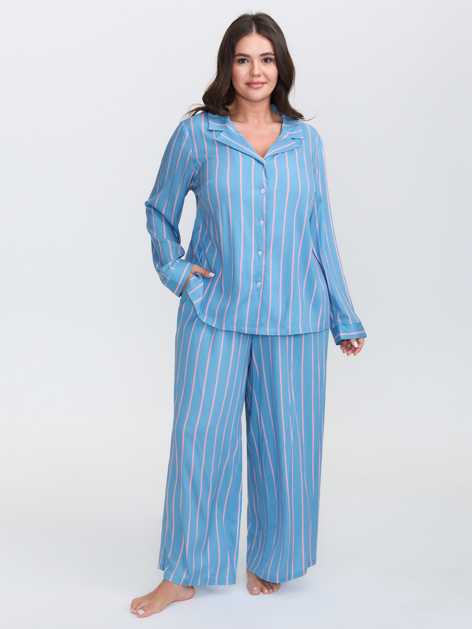 BloomChic Women's Plus Size Stripe Print Pockets Two-Piece Pajama Set LightBlue 12/L-image-47599910158506