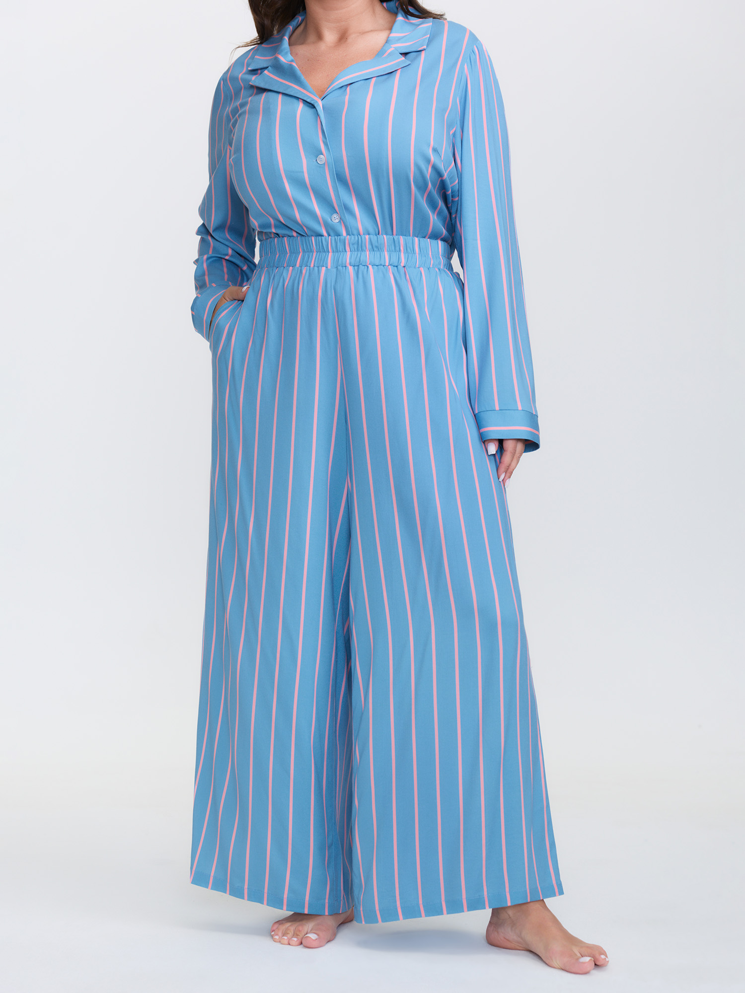Side view of BloomChic Women's Plus Size Stripe Print Pockets Two-Piece Pajama Set LightBlue 10/M