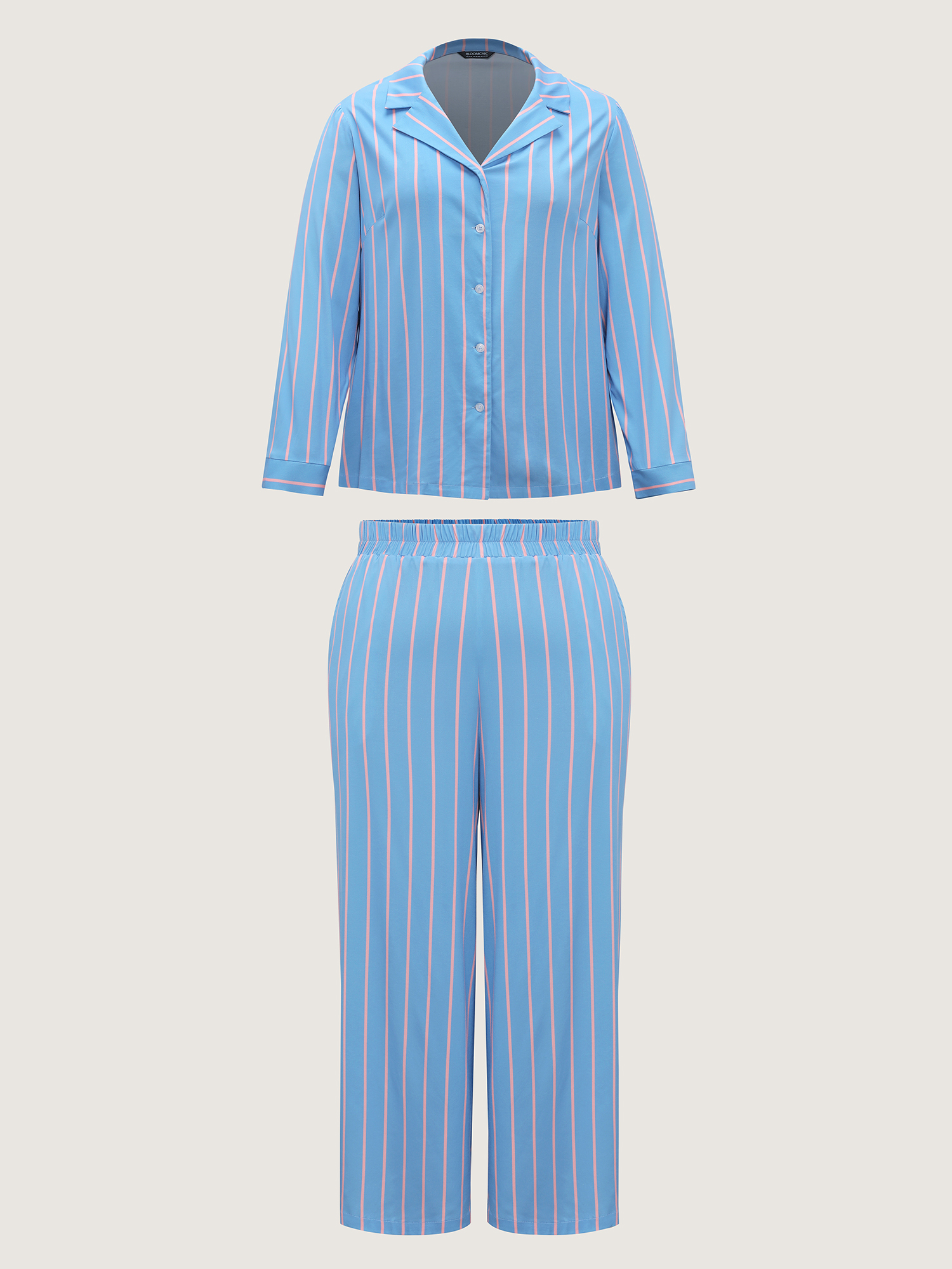 Side view of BloomChic Women's Plus Size Stripe Print Pockets Two-Piece Pajama Set LightBlue 10/M