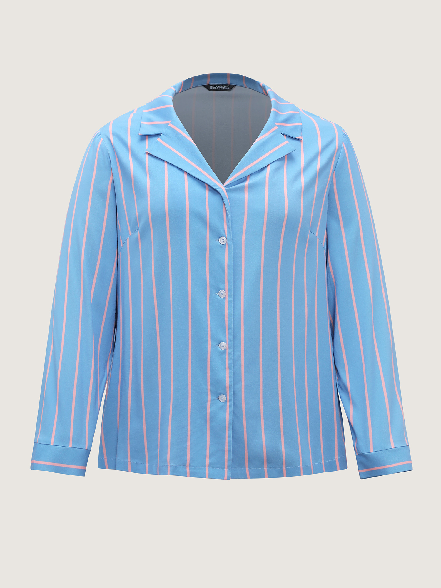 Side view of BloomChic Women's Plus Size Stripe Print Pockets Two-Piece Pajama Set LightBlue 10/M