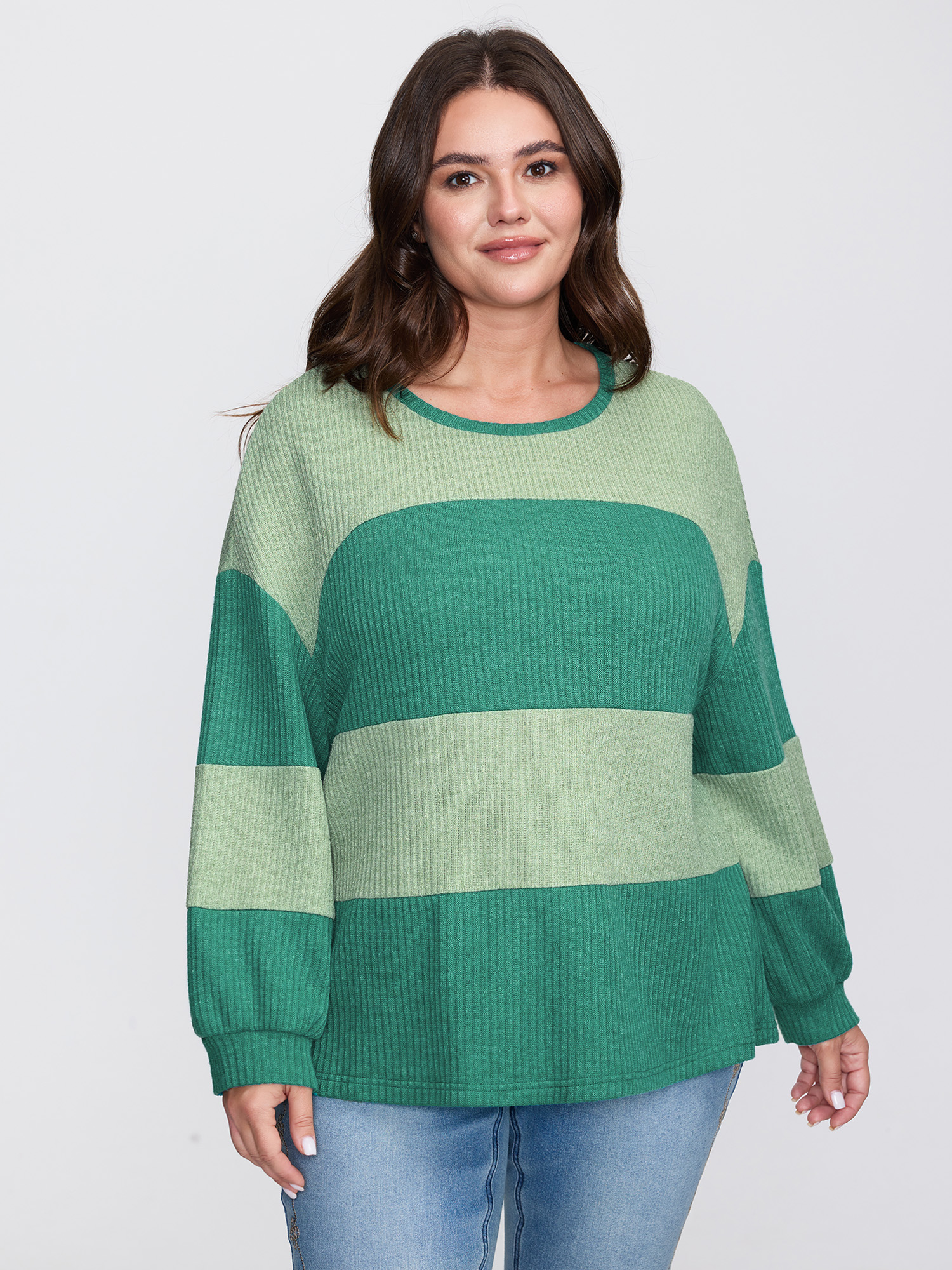 BloomChic Women's Plus Size Colorful Stripe Ribbed Drop Shoulder Sweatshirt Emerald Everyday-Casual 12/L