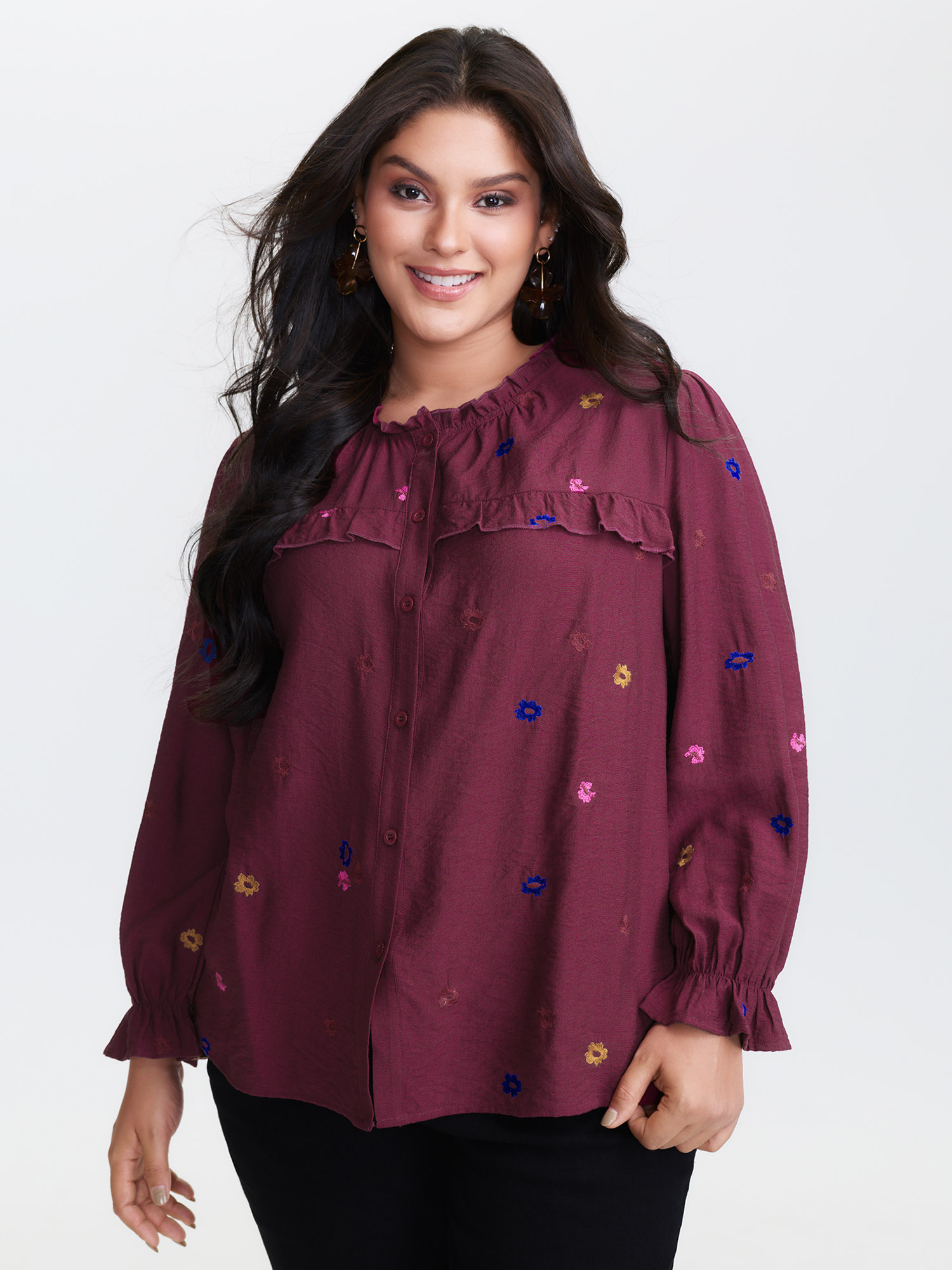 BloomChic Women's Plus Size Colorful Floral Embroidery Button Shirt Crimson Everyday-Elegant Long Sleeve 10/M