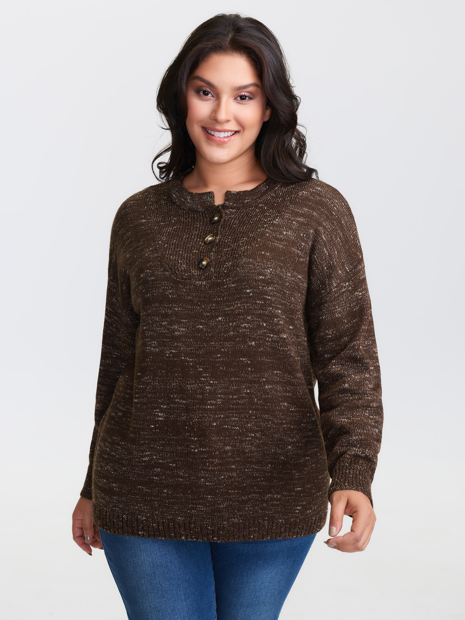 BloomChic Women's Plus Size Heather Textured Button Neck Pullover Shaved Chocolate not graphics Long Sleeve Stand Collar 12/L
