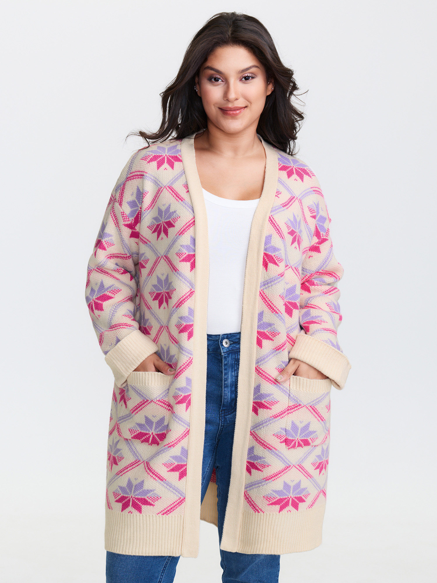 BloomChic Women's Plus Size Geometric Snowflake Pattern Pockets Knit Cardigan Beige Long Sleeve 10/M