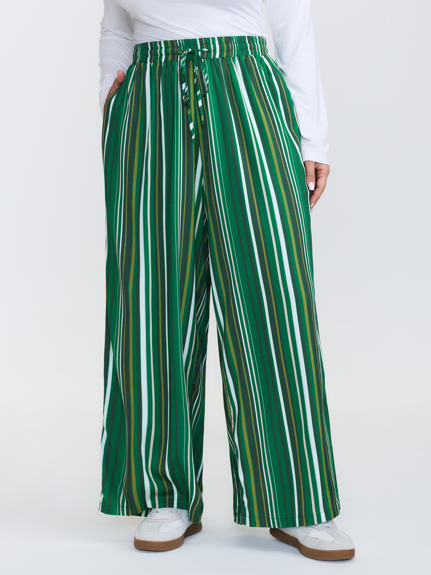BloomChic Women's Plus Size Colorful Stripes Drawstring Waist Pants Multicolor Stripes Straight fit High Rise 10/M