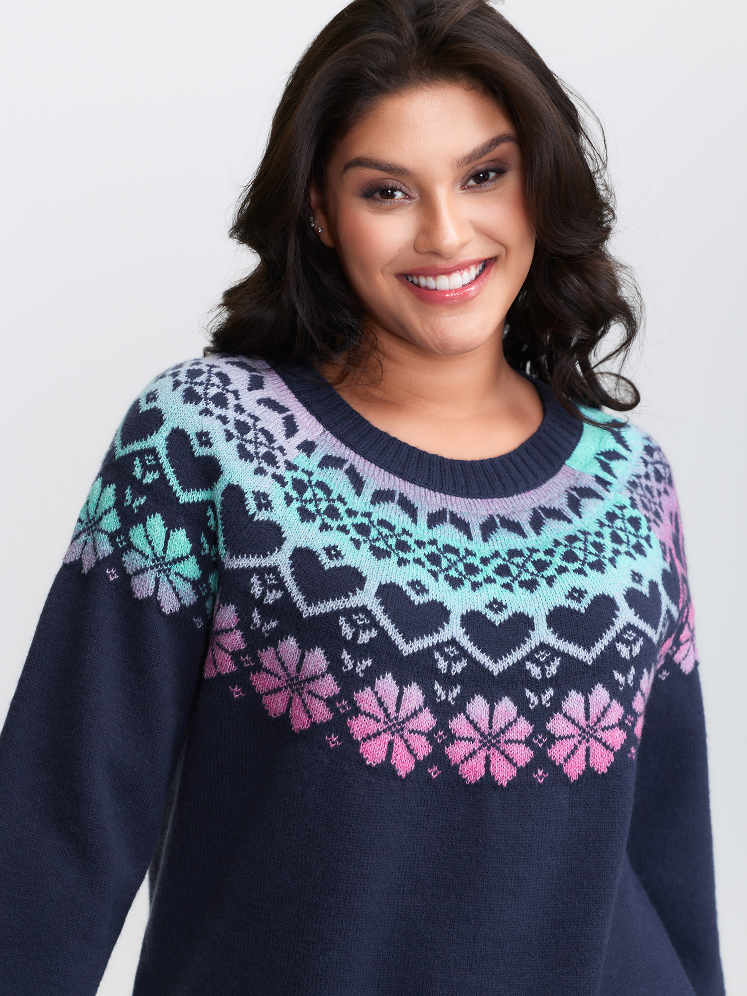 BloomChic Plus Size Stretchy Floral Color Gradient Jacquard Pullover - Curve Women's Winter Round Neck Boxy Jacquard Midnight Sleeve Pullovers 14/M