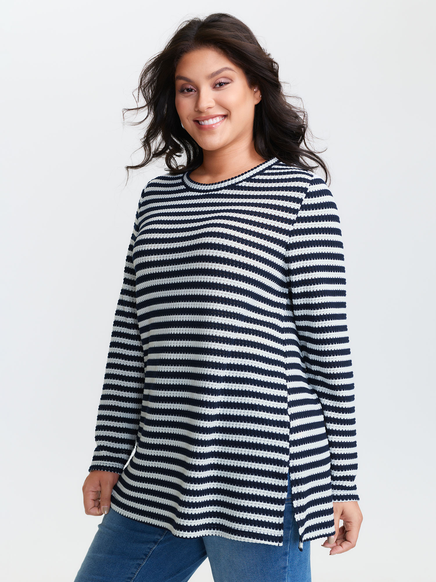 BloomChic Plus Size Geometric Texture Split Hem T-Shirt - Women's DarkBlue Solid Round Neck Comfort Midsection Fit Long Sleeve Playful T-shirts 18-20/1X