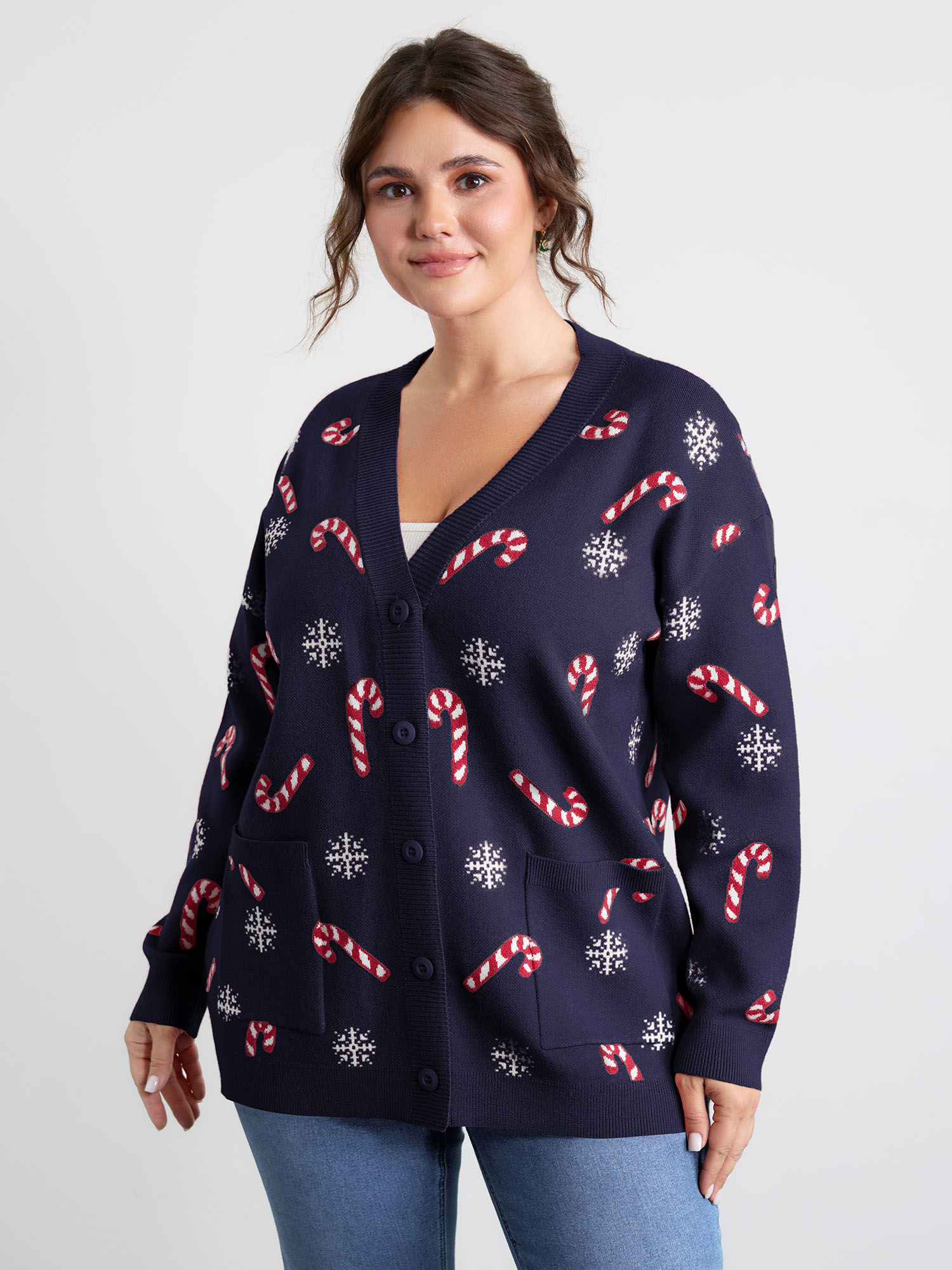 BloomChic Women's Plus Size Holiday Candy Patch Pockets Knit Cardigan Indigo Long Sleeve V-Neck 10/M