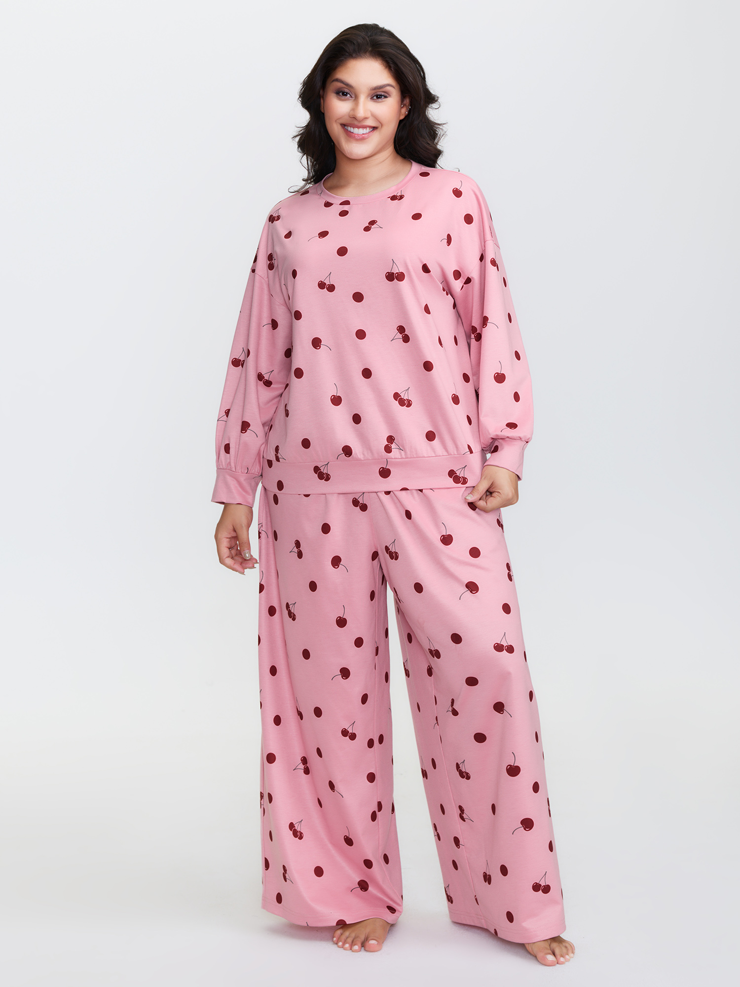 BloomChic Women's Plus Size Playful Cherry Print Loungewear Set Rouge Fruit and vegetable print Extra Long Sleeve 18-20/2X-image-47599911207082