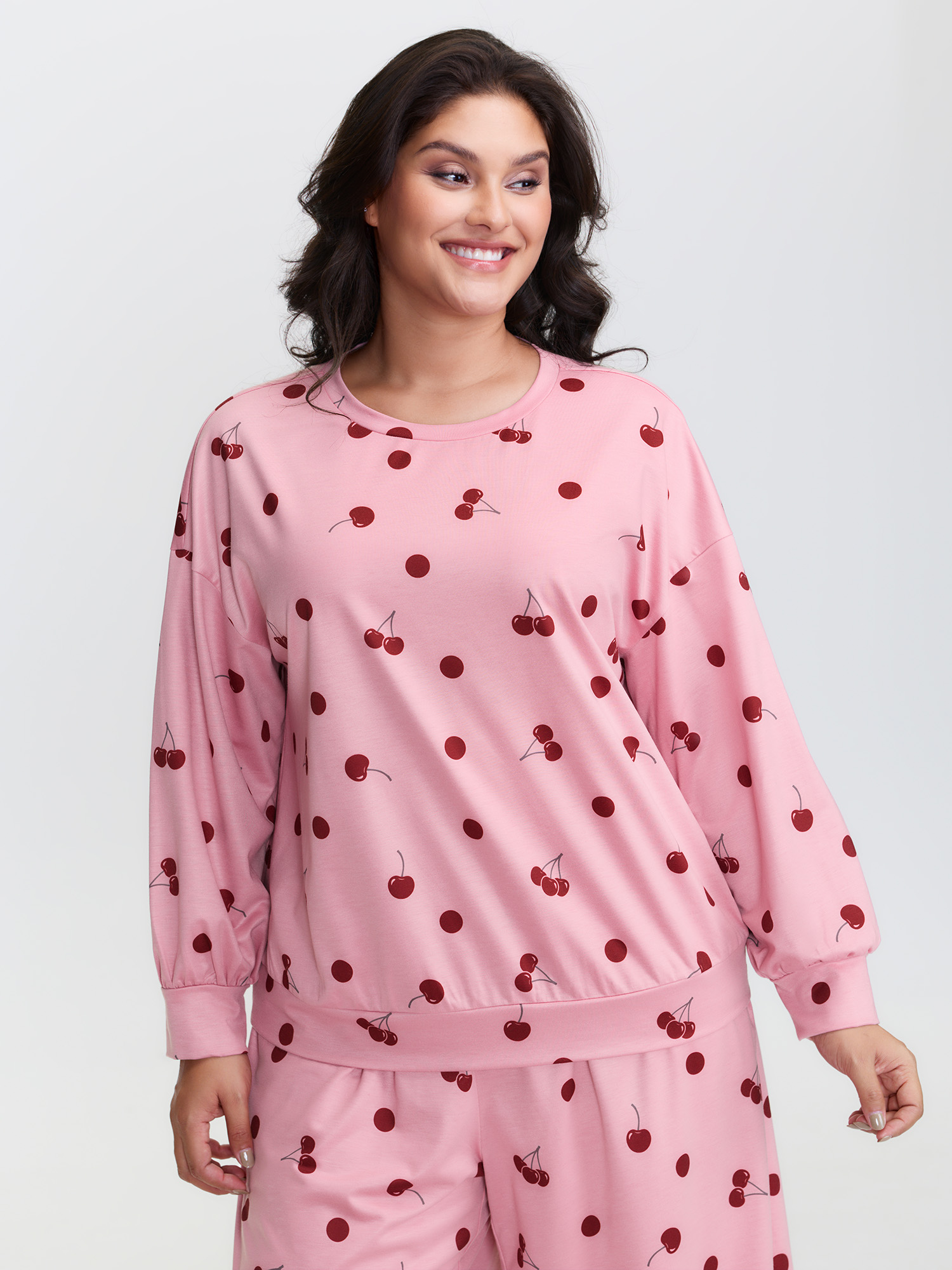Side view of BloomChic Women's Plus Size Playful Cherry Print Loungewear Set Rouge Fruit and vegetable print Extra Long Sleeve 10/M