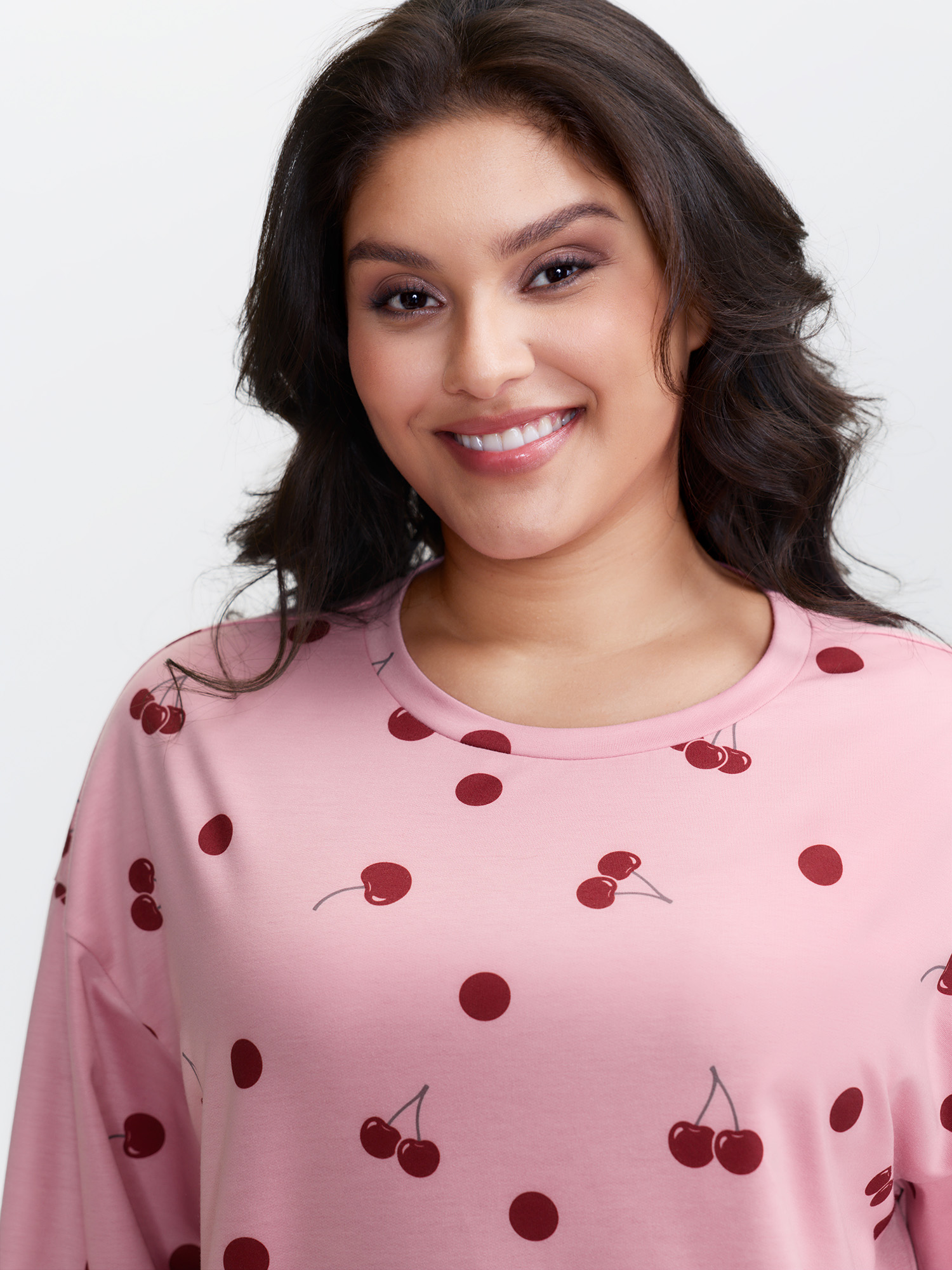 Side view of BloomChic Women's Plus Size Playful Cherry Print Loungewear Set Rouge Fruit and vegetable print Extra Long Sleeve 10/M