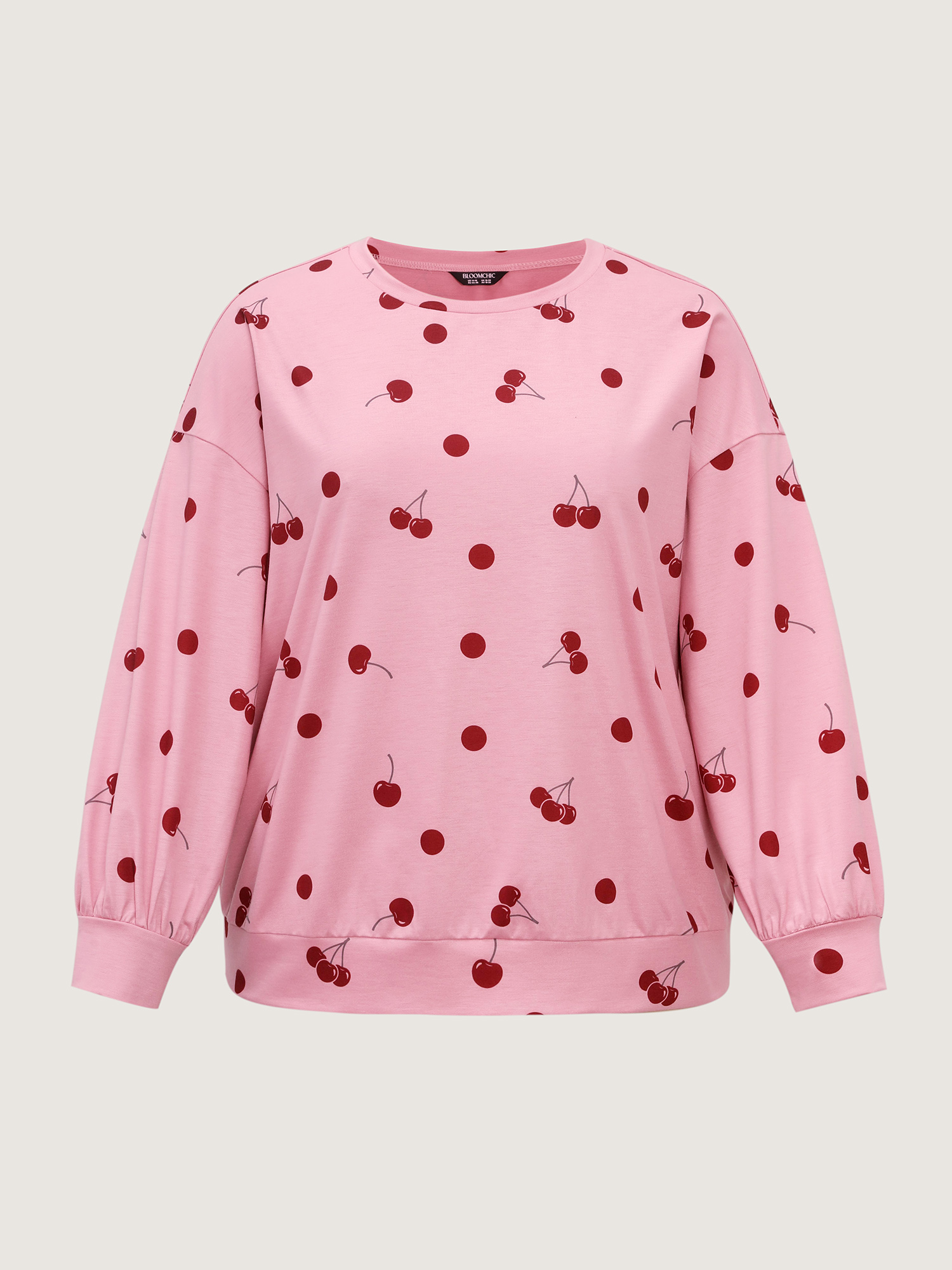 Side view of BloomChic Women's Plus Size Playful Cherry Print Loungewear Set Rouge Fruit and vegetable print Extra Long Sleeve 10/M